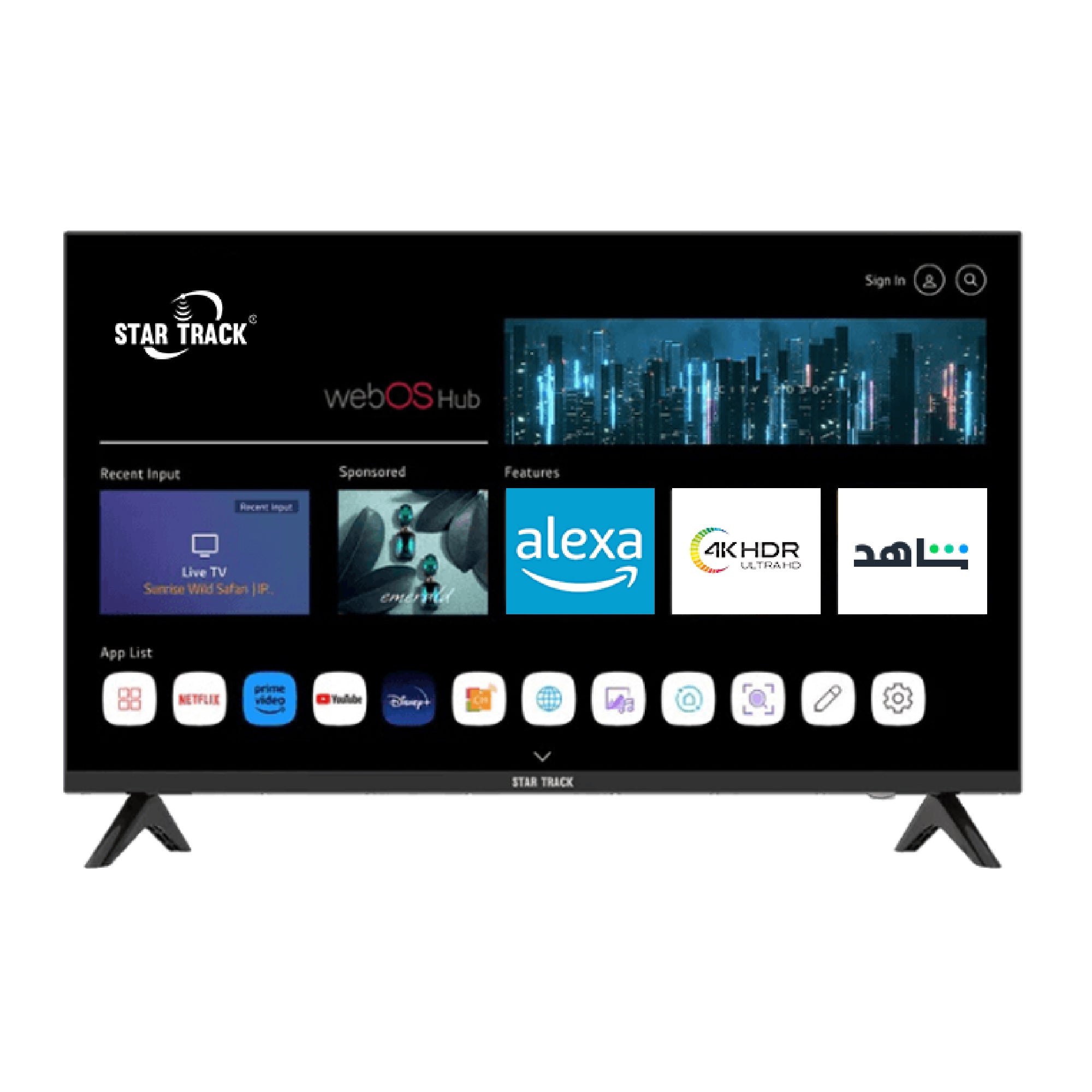 Star Track 4K Smart TV displaying webOS Hub interface with app icons for streaming services, featuring bezel-less design and sleek black frame. Home screen shows Live TV, Alexa, Netflix, and other popular streaming apps arranged in a clean, modern layout against a dark background.