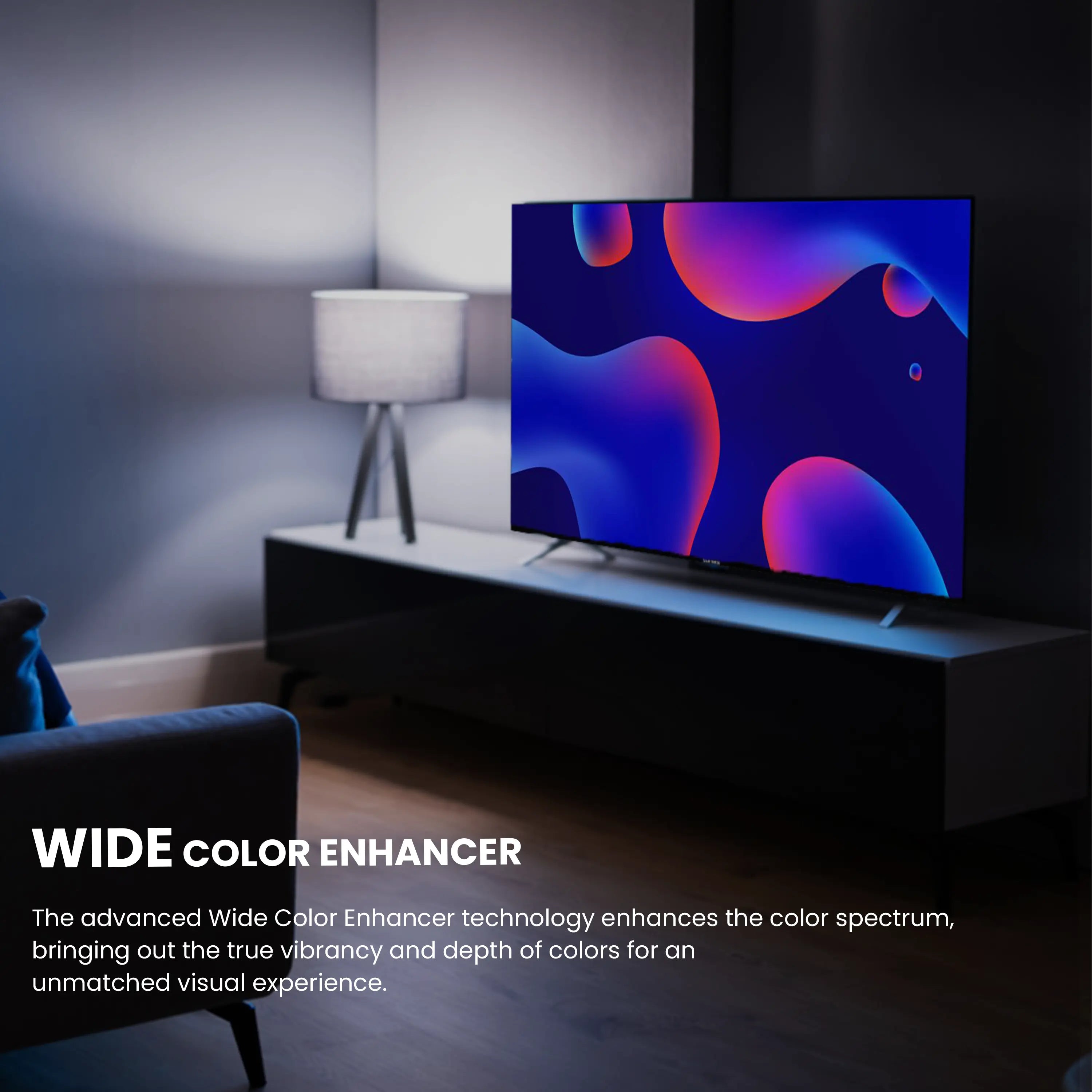 Star Track 4K Smart TV displaying webOS Hub interface with app icons for streaming services, featuring bezel-less design and sleek black frame. Home screen shows Live TV, Alexa, Netflix, and other popular streaming apps arranged in a clean, modern layout against a dark background. Wide color enhancer