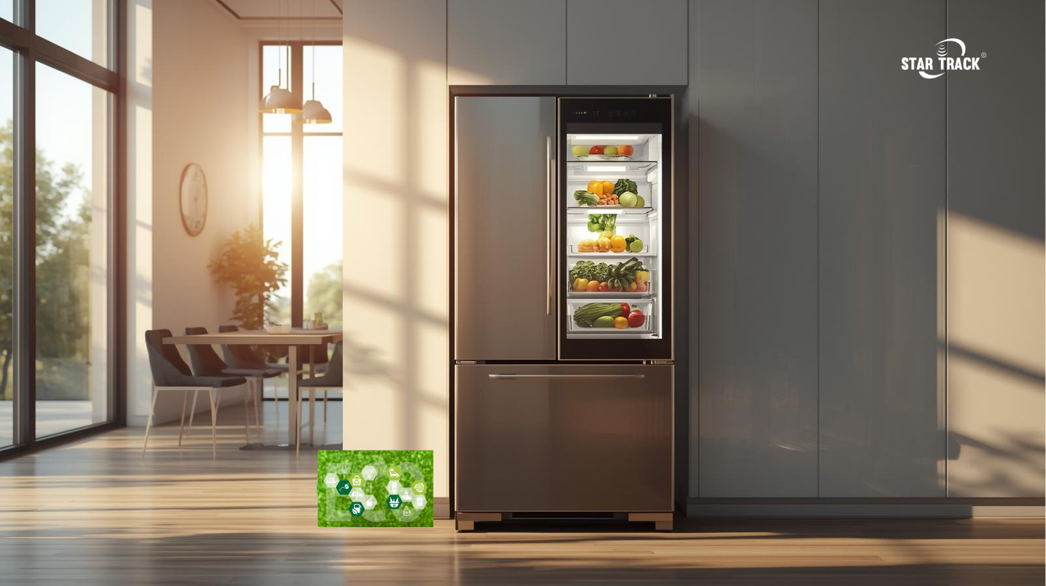 sleek Star Track double-door refrigerator in a stylish, contemporary UAE kitchen setting with natural sunlight coming through large windows