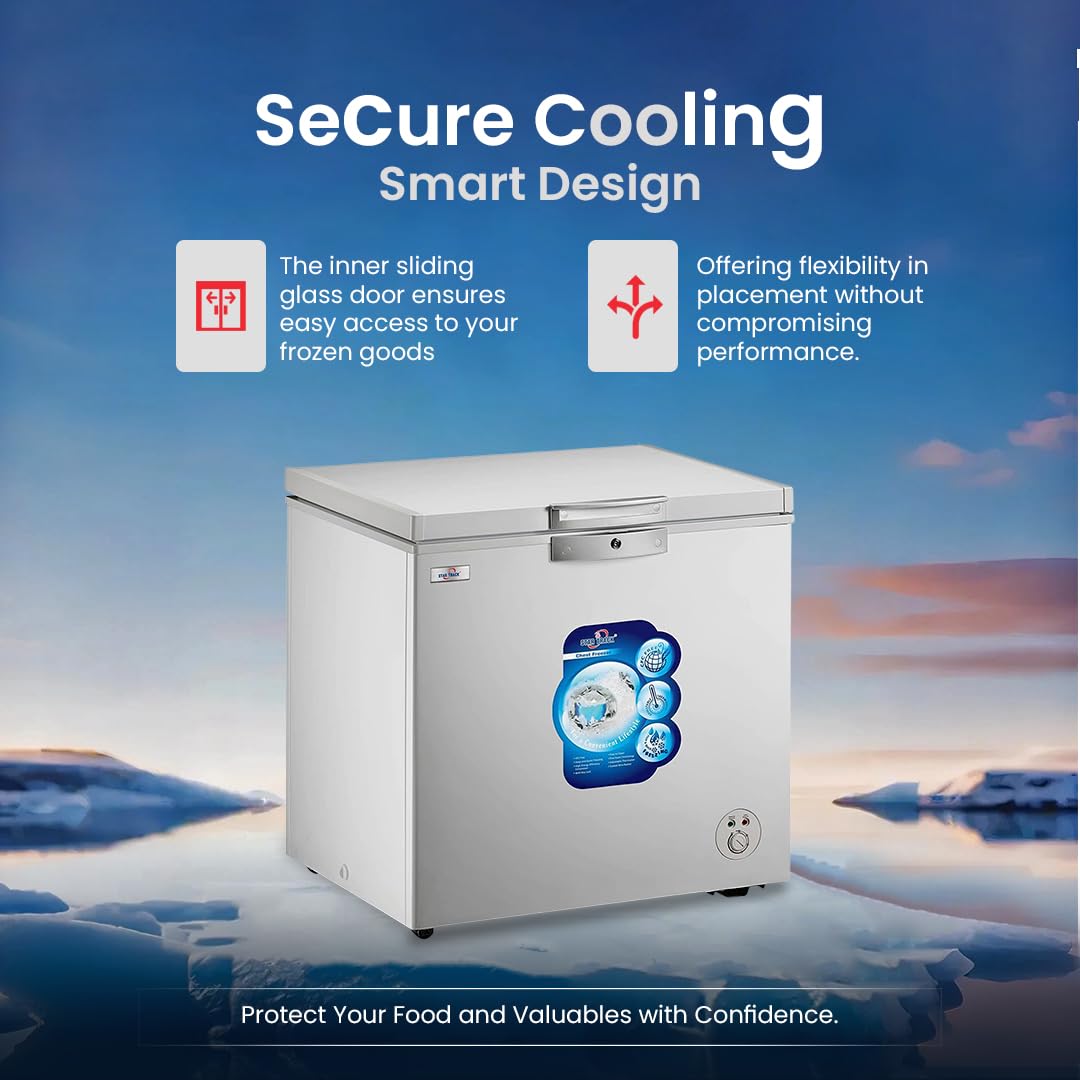 White freezer with 'SeCure Cooling' branding against a scenic background