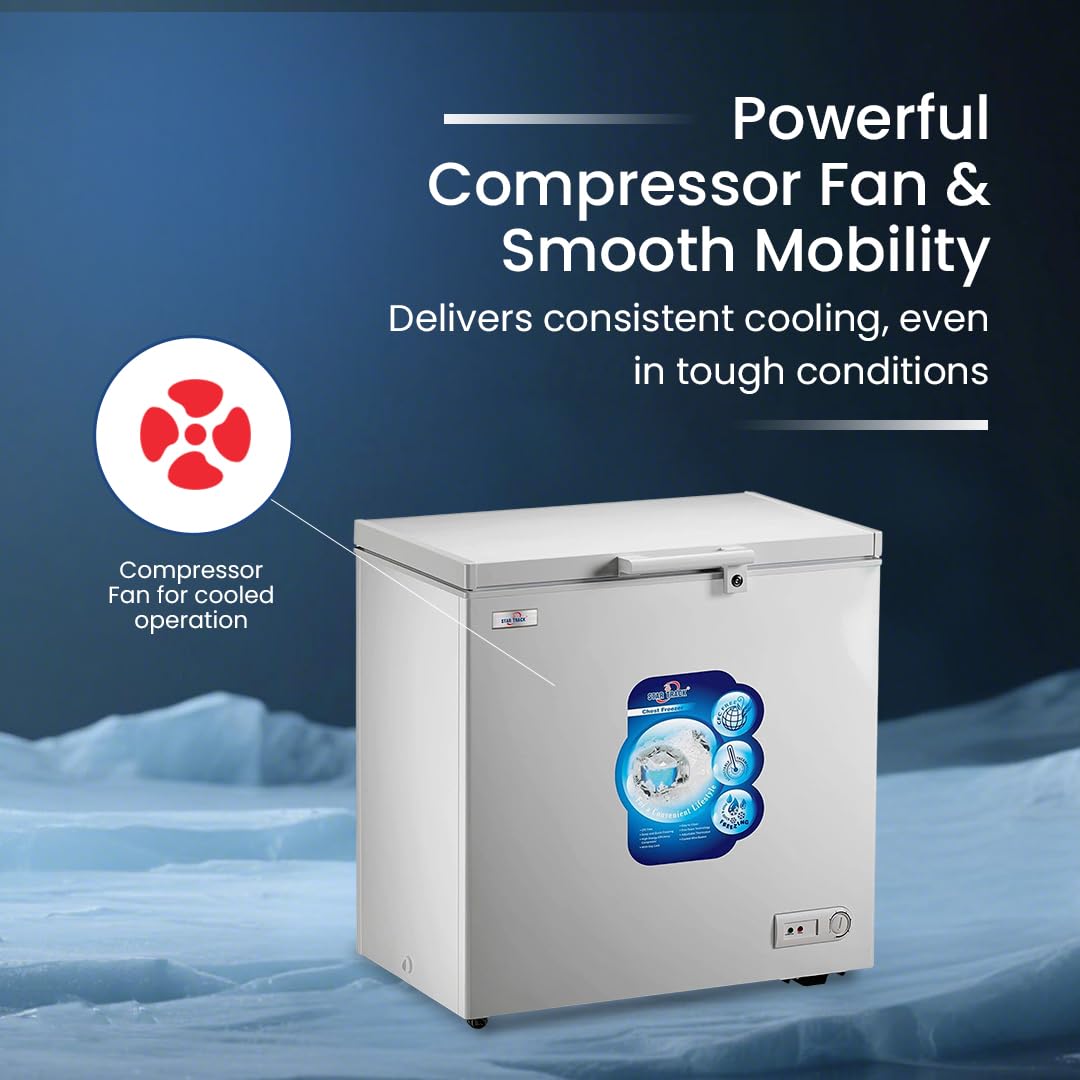 Freezer with compressor fan illustration and text on a blue background