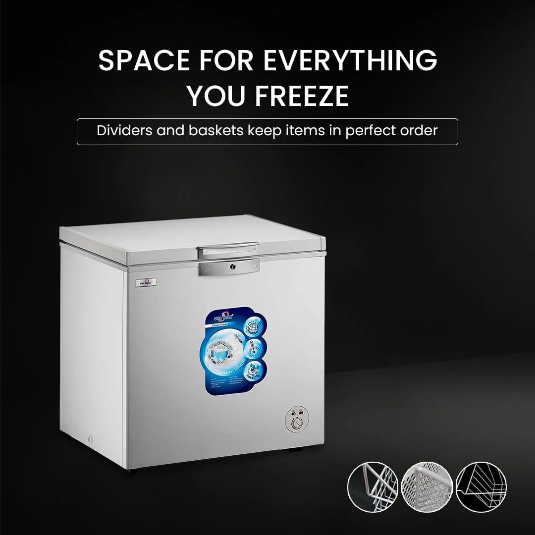 Freezer with product packaging on a black background, featuring text about freezer space and organization.