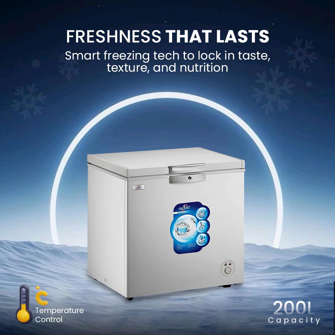 Freezer with 'Freshness That Lasts' text and features on a blue background
