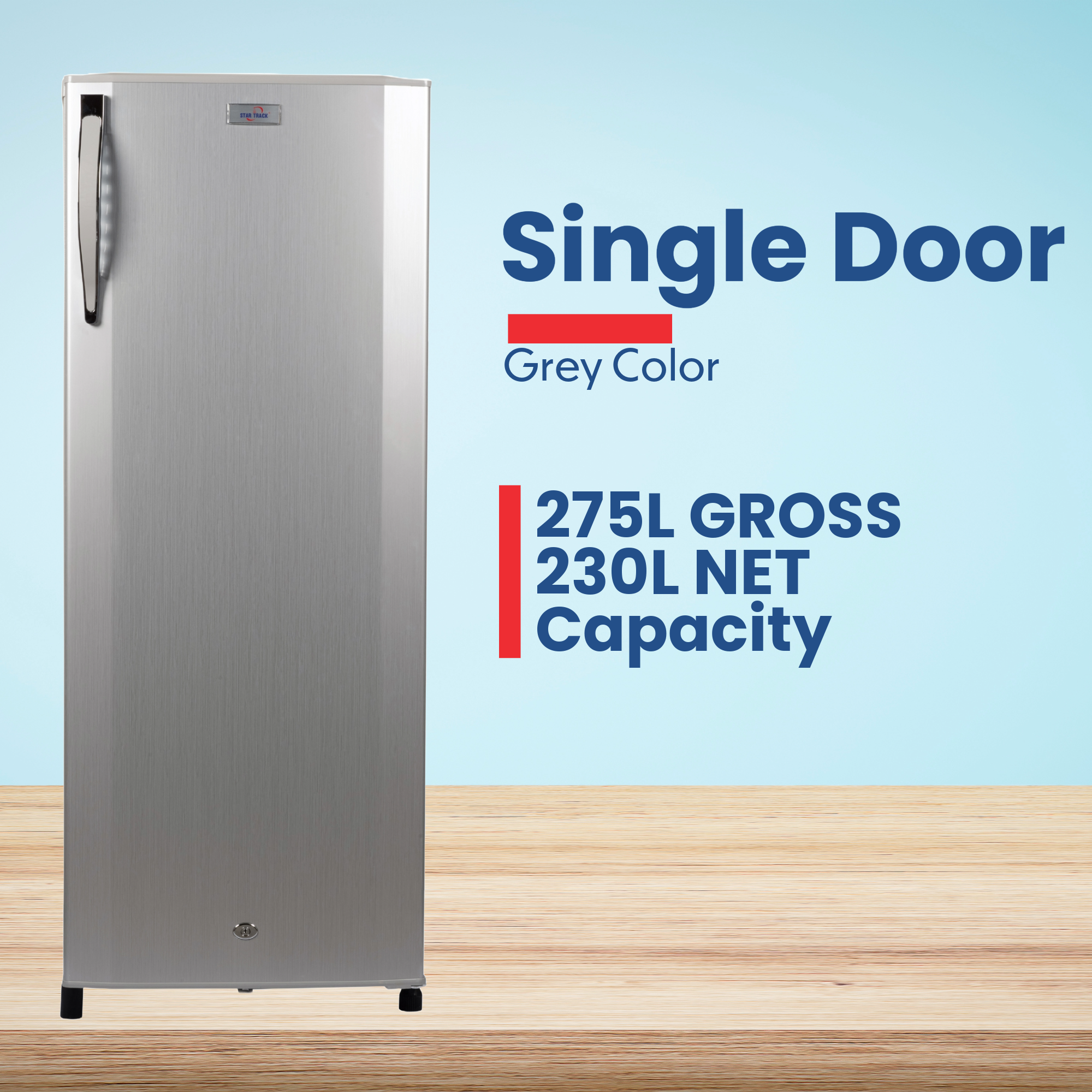 Single-door refrigerator with gray color, 275L gross capacity, and 230L net capacity on a light blue background.