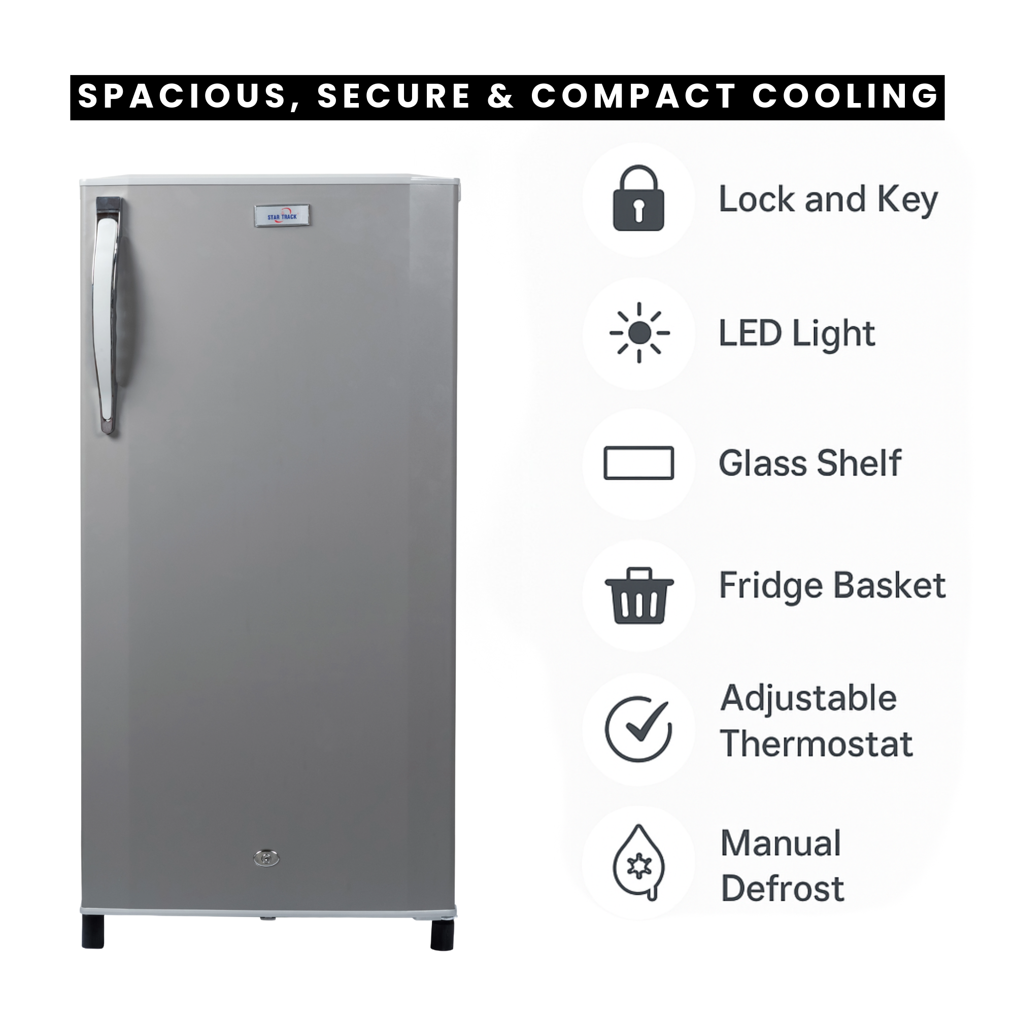 Silver refrigerator with features listed on a white background