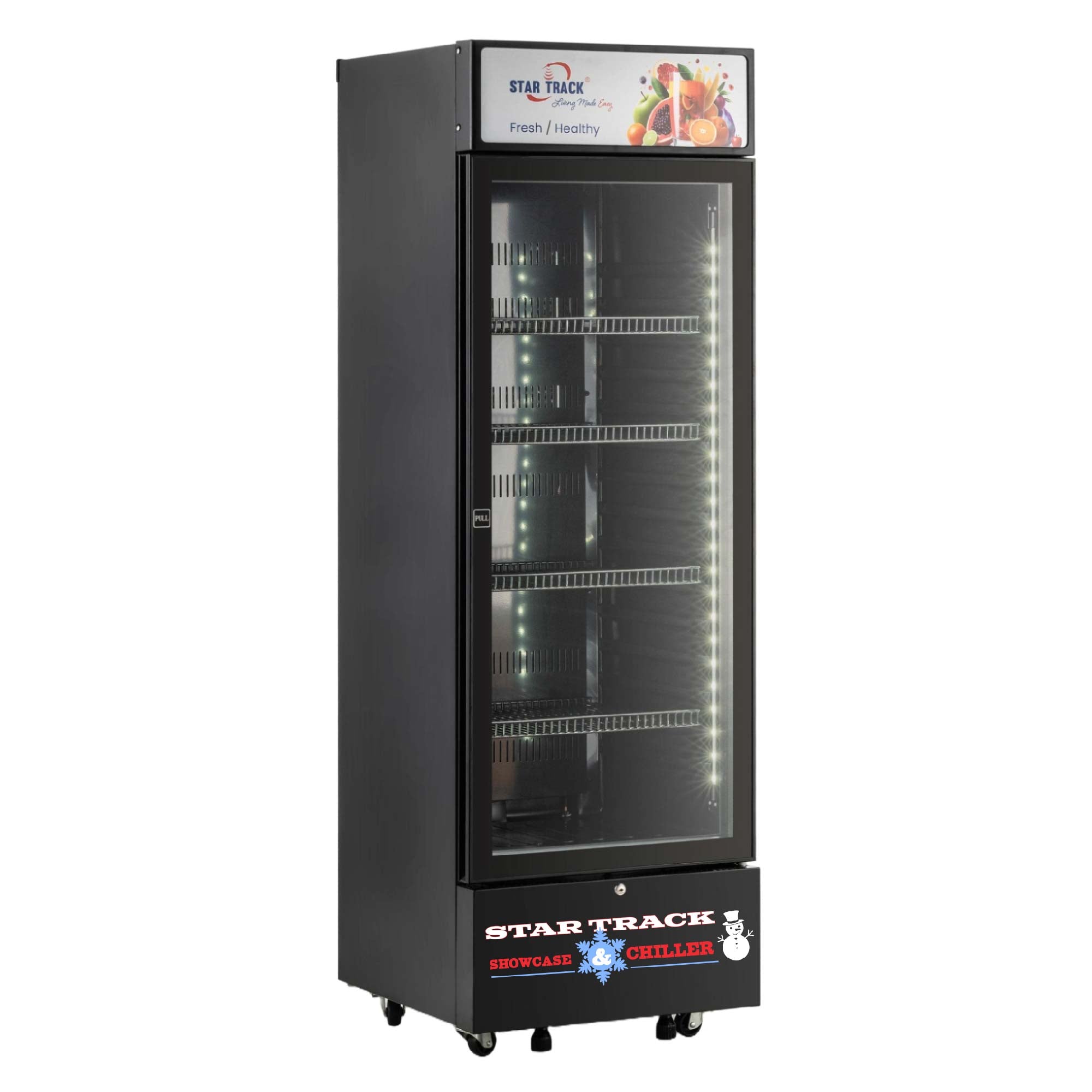 350L Freestanding Black Show Case Chiller Freezer, Smart Storage, Temperature Control, Automatic Defrost Function