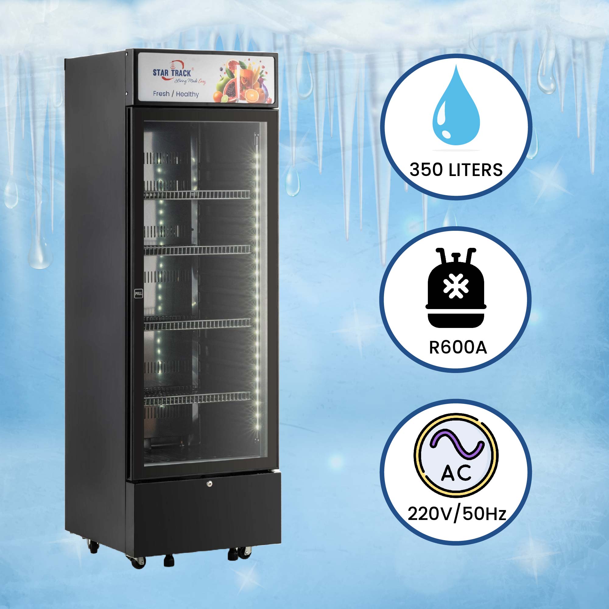 350L Freestanding Black Show Case Chiller Freezer, Smart Storage, Temperature Control, Automatic Defrost Function