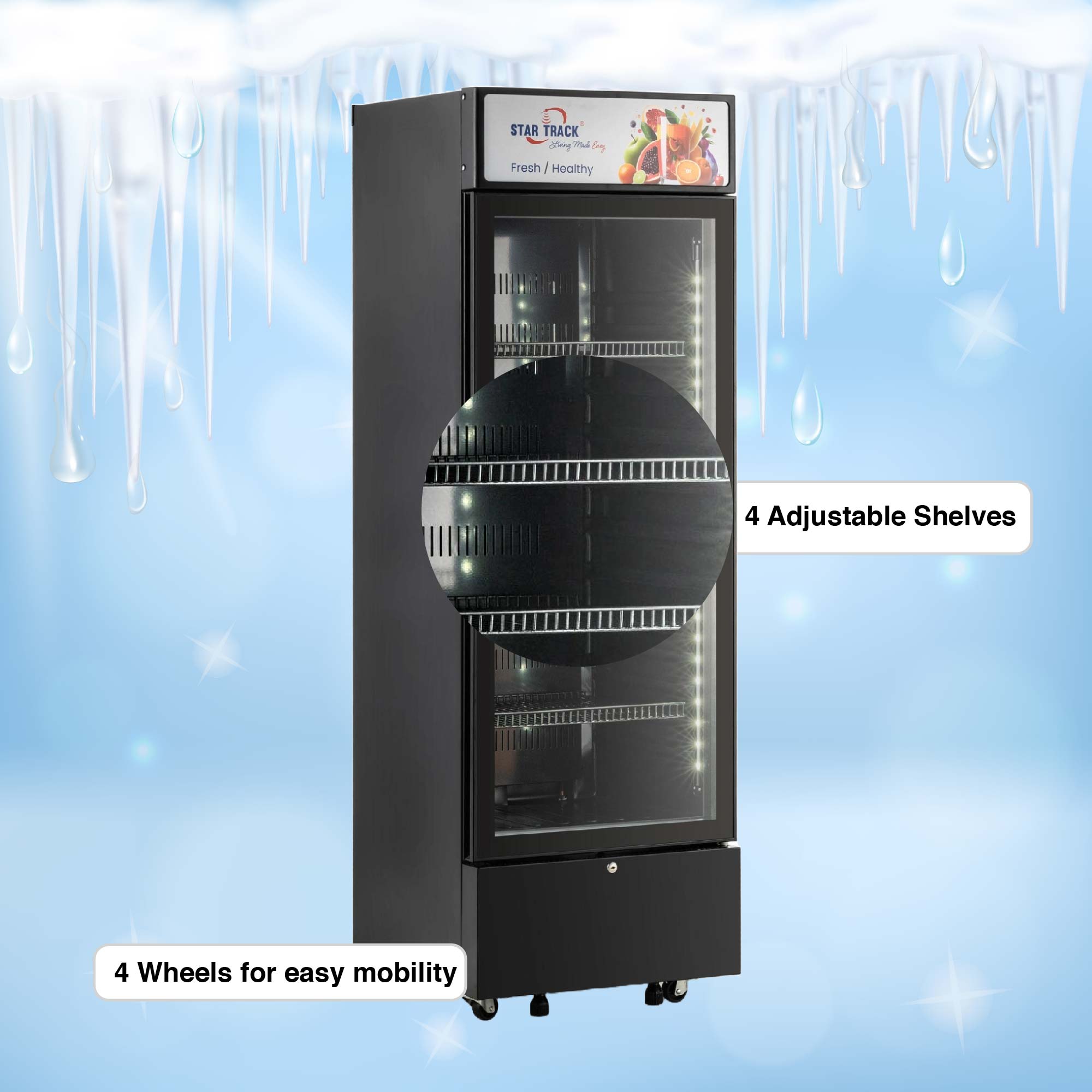 350L Freestanding Black Show Case Chiller Freezer, Smart Storage, Temperature Control, Automatic Defrost Function