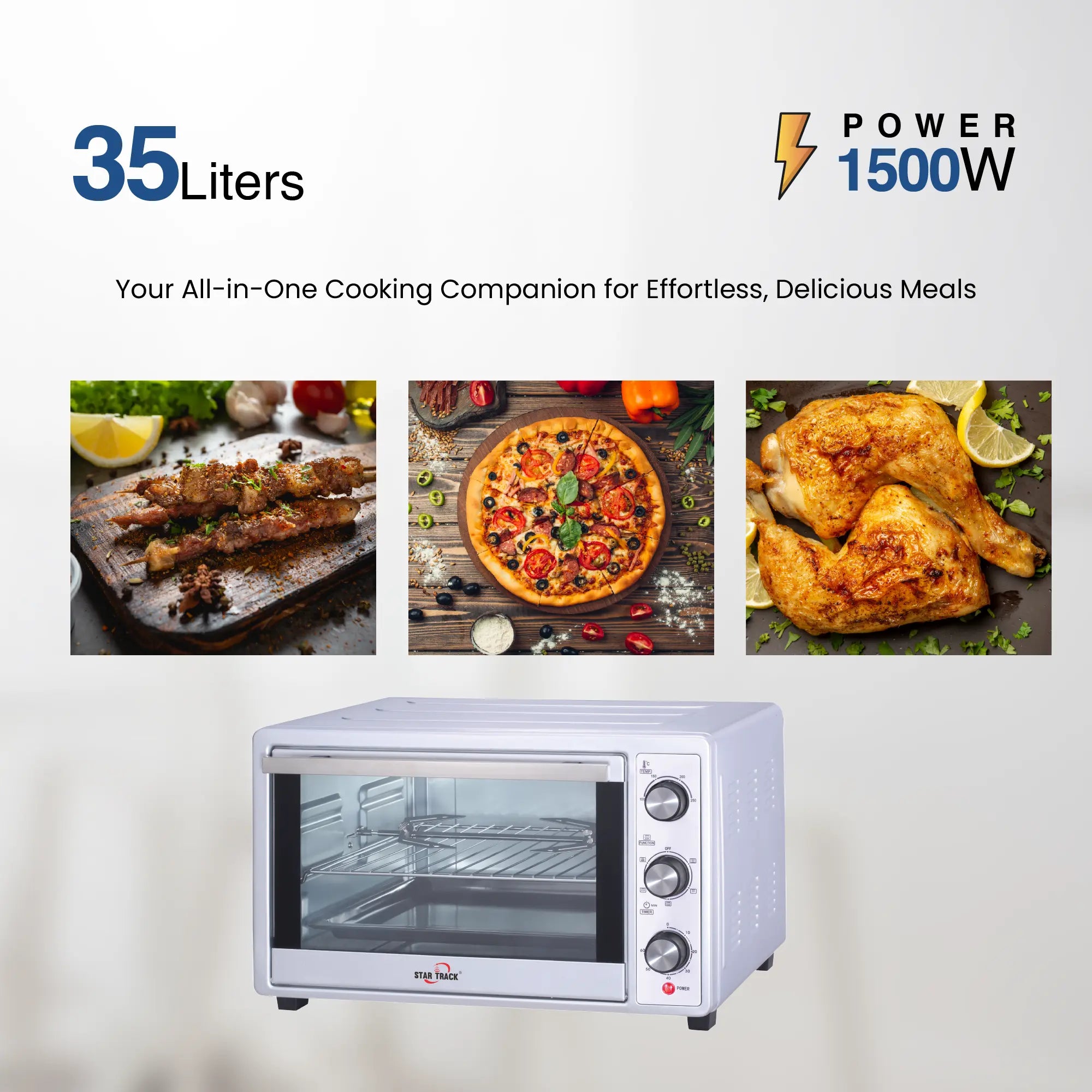 STAR TRACK 35L Electric Oven with Rotisserie, Convection, 120-Min Timer, Temperature Control 100°C-250°C, Up/Down and Dual Function, 3 Knob Control, 5 Baking Accessories, Stainless Steel Body and Handle, 1500W