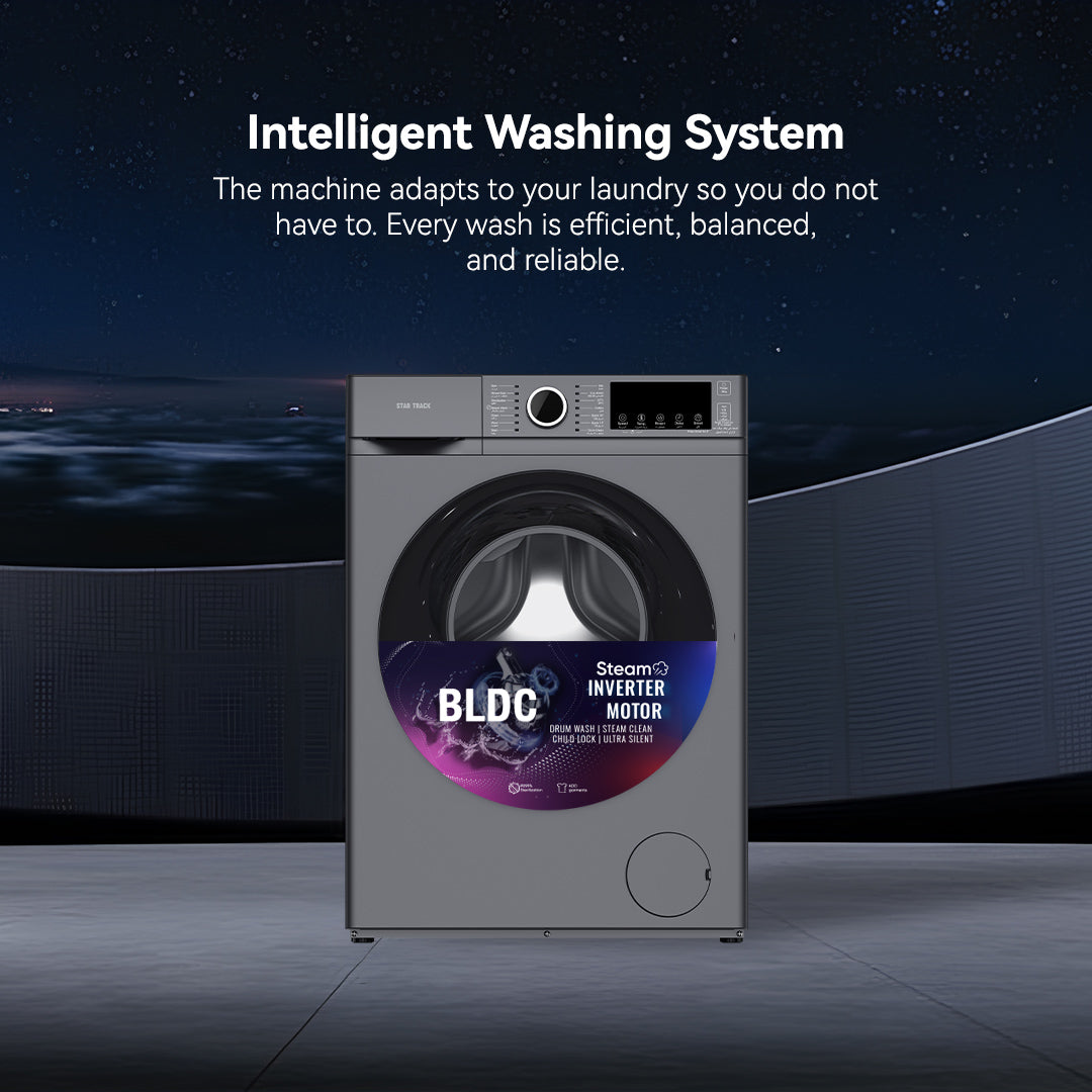 Washing machine with BLDC and Inverter Motor labels against a dark background