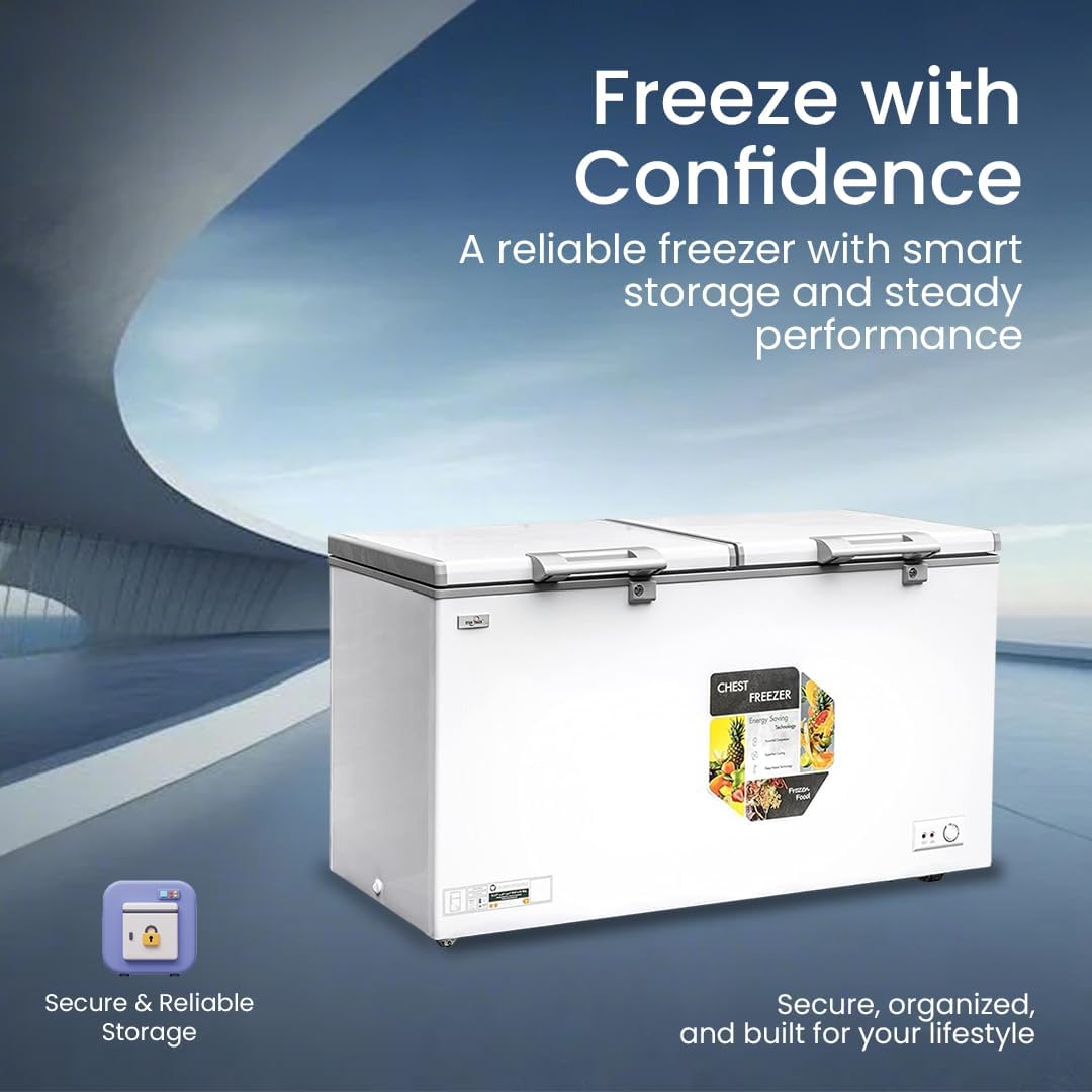 White freezer with 'Freeze with Confidence' text and product features on a blue background