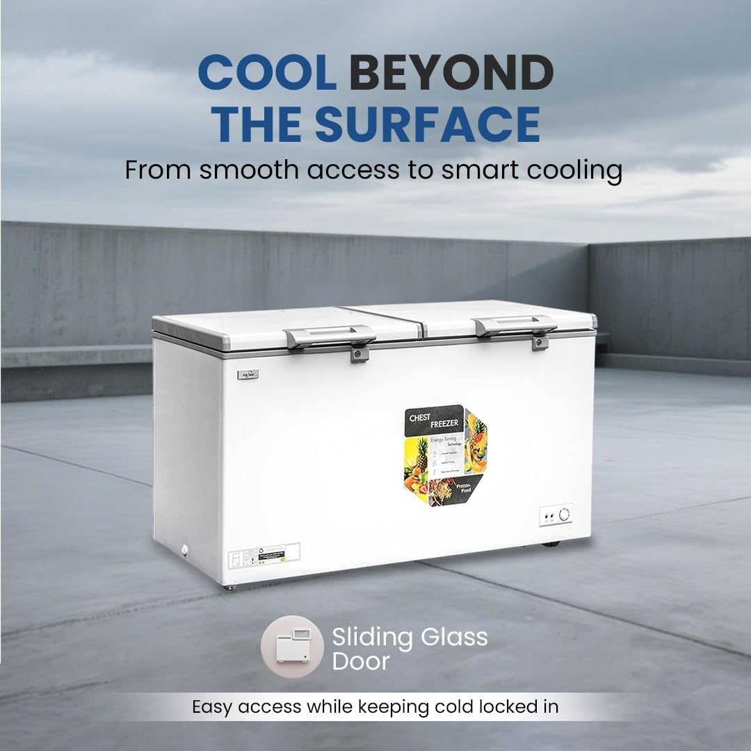 White freezer with sliding glass door on a concrete surface, featuring text about smart cooling technology.