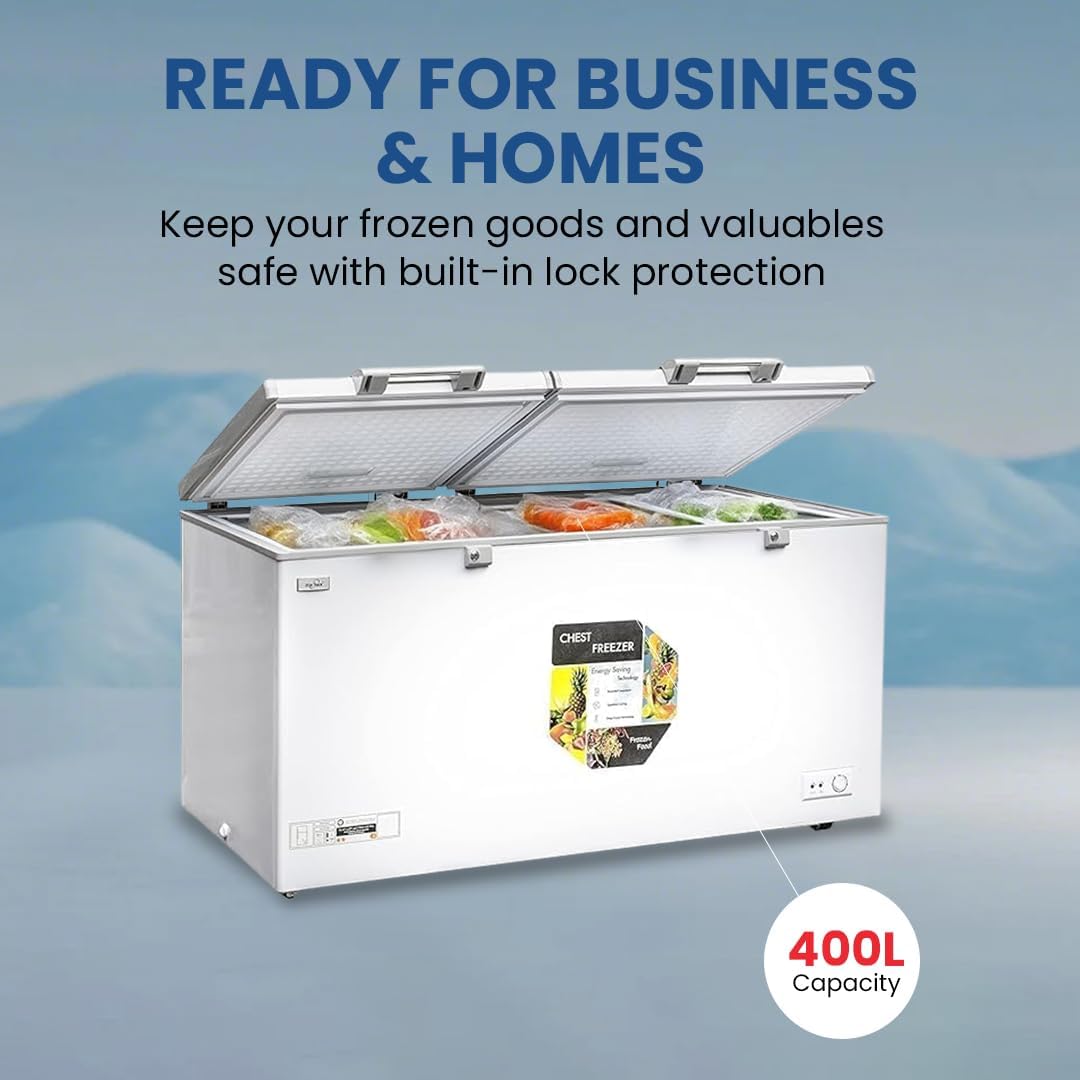 White chest freezer with food items inside, labeled '400L Capacity', on a blue background with text about lock protection.