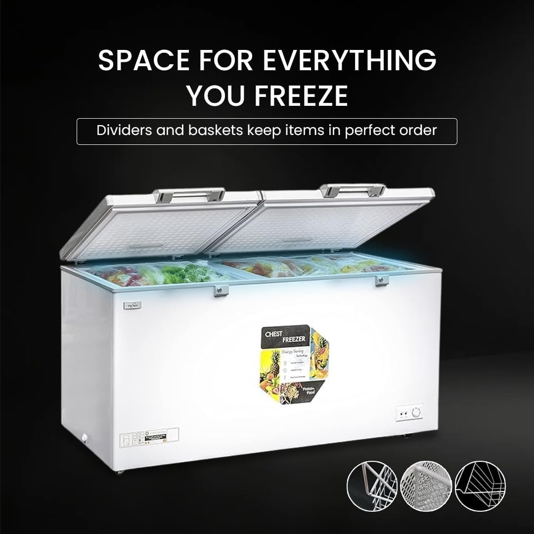 White chest freezer with open door on a black background, featuring text about storage capacity and organization.