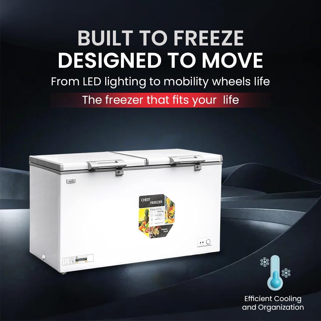White freezer with text 'Built to Freeze, Designed to Move' on a dark background