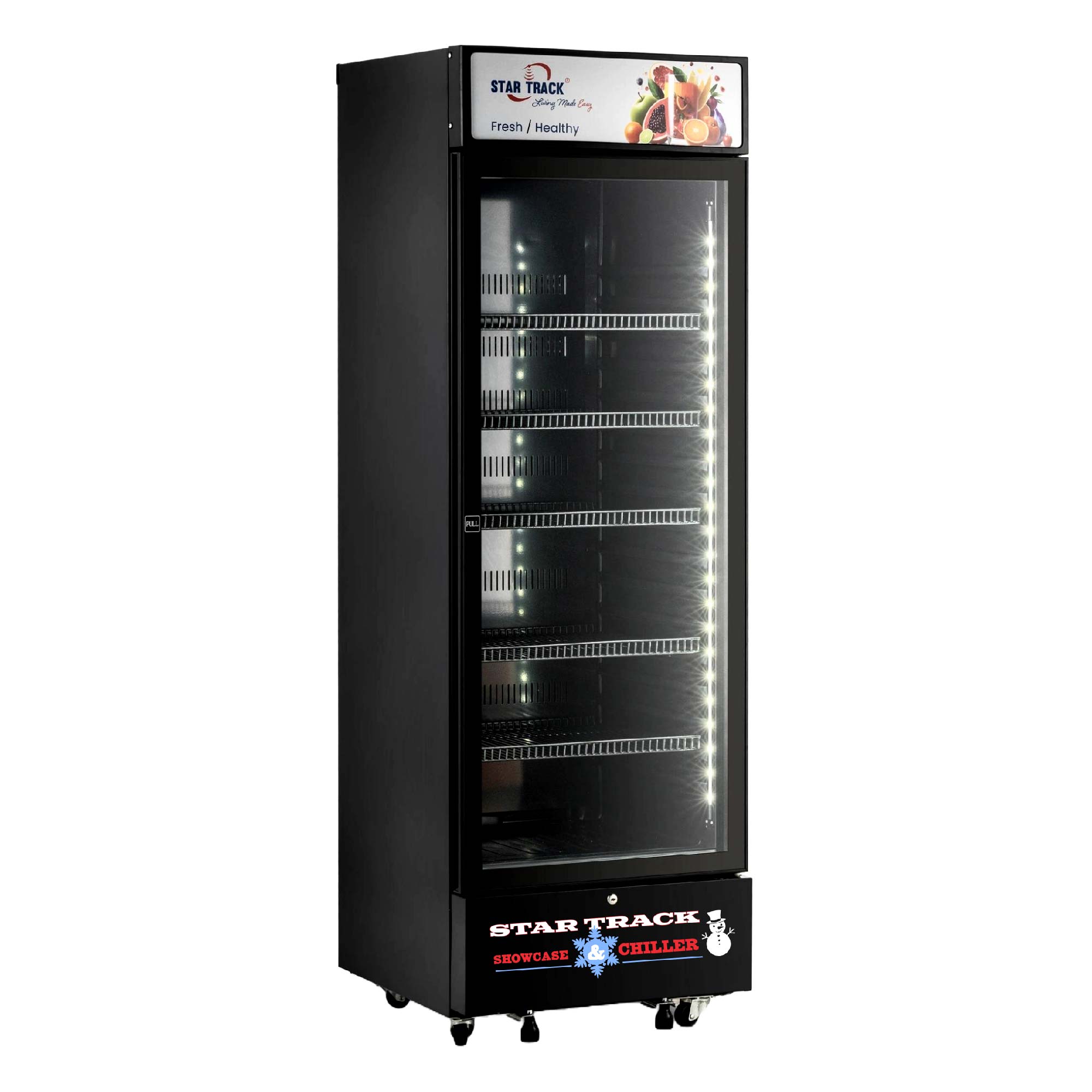 450L Freestanding Black Show Case Chiller Freezer, Smart Storage, Temperature Control, Automatic Defrost Function