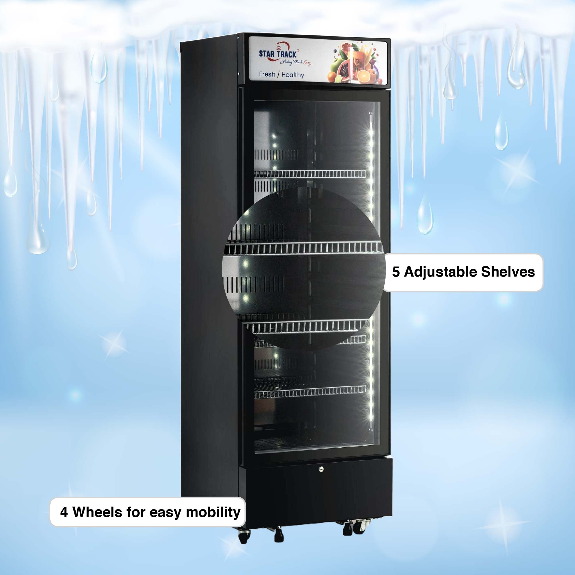 450L Freestanding Black Show Case Chiller Freezer, Smart Storage, Temperature Control, Automatic Defrost Function