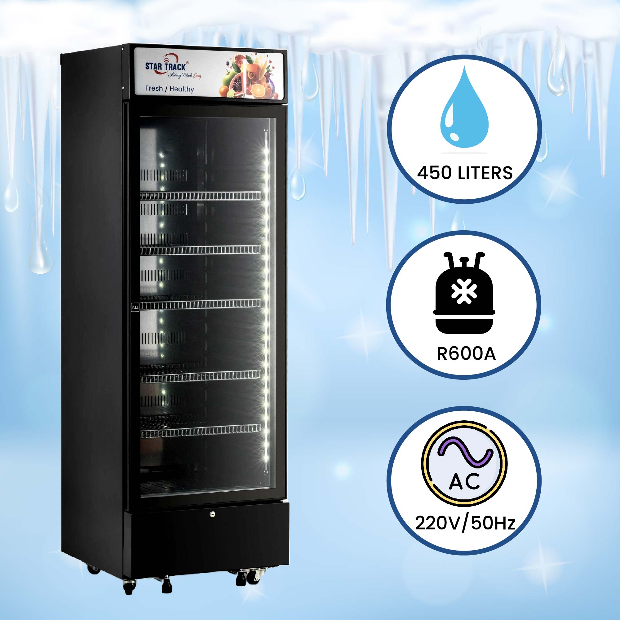 450L Freestanding Black Show Case Chiller Freezer, Smart Storage, Temperature Control, Automatic Defrost Function