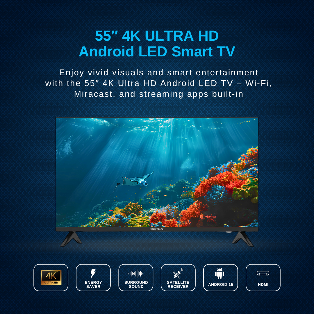 55" 4K Smart TV | Android 15, Ultra HD, Netflix, YouTube, Miracast, Bezel less, Satellite receiver