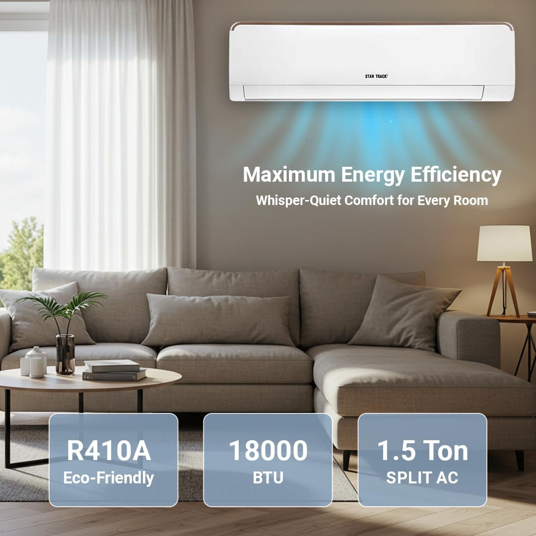 1.5 Ton Split Wall AC, 18000 BTU, Extreme Cooling, 4 Way Air Flow, Dual Drainage, Auto Restart, piston compressor