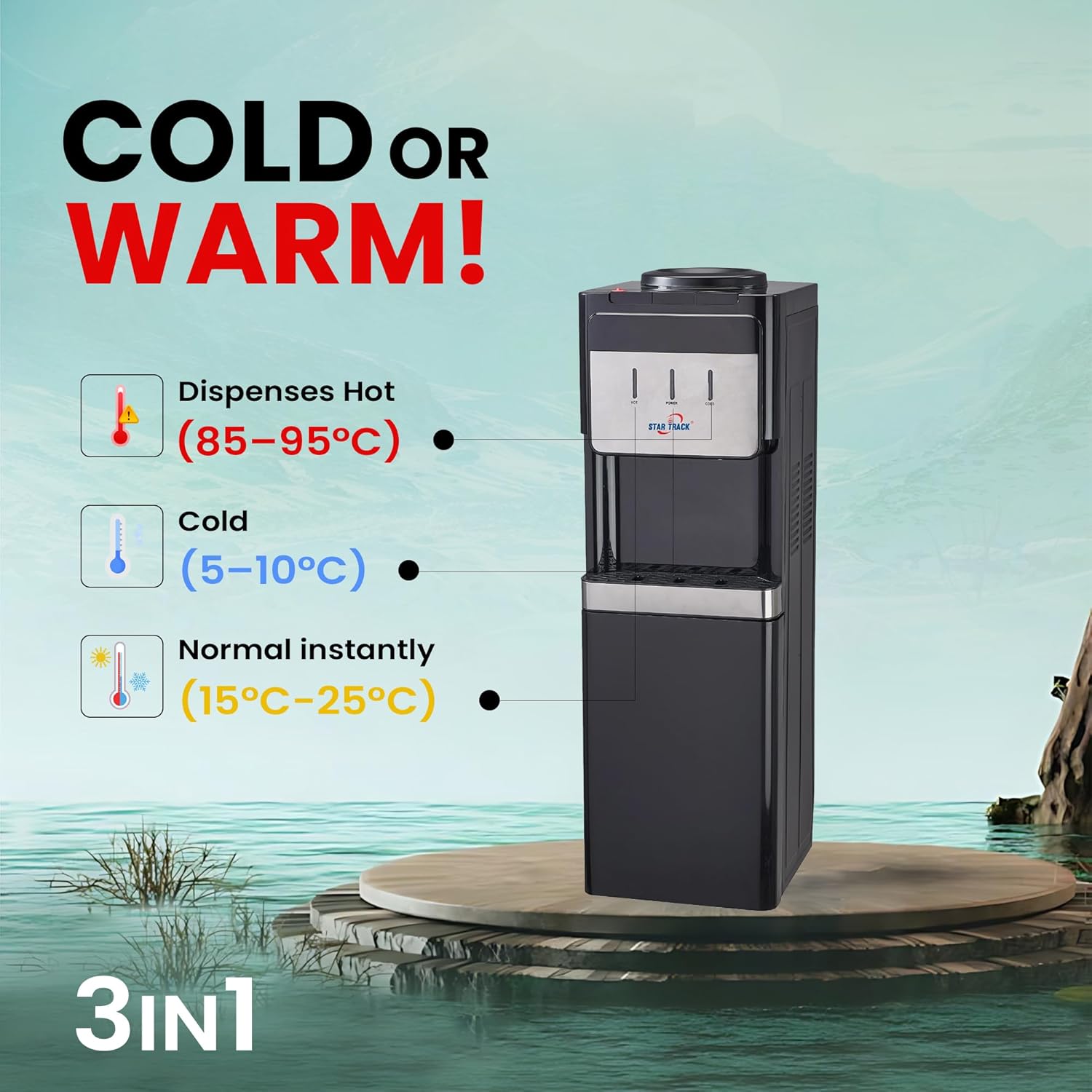 Black water dispenser with temperature options on a scenic background