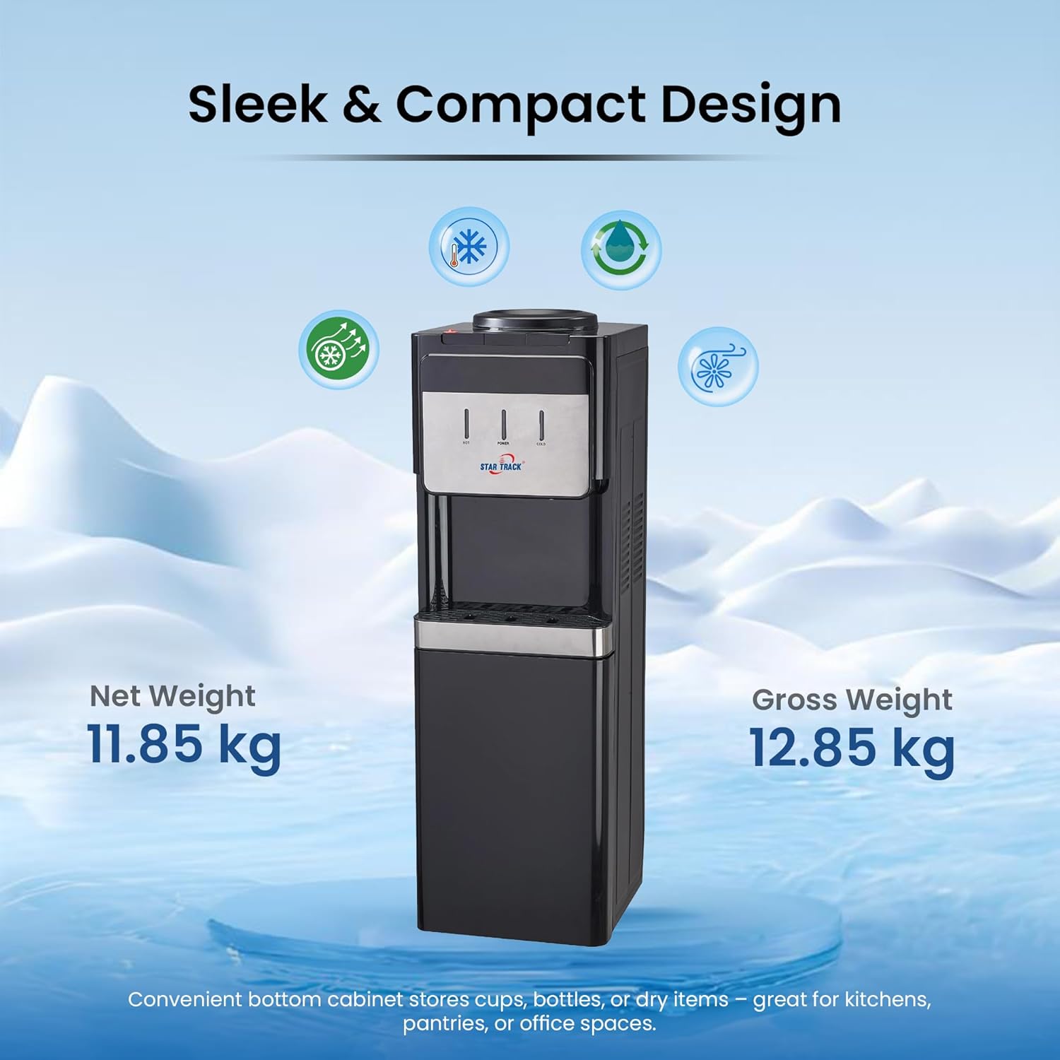 Black water dispenser with weight information on a blue background