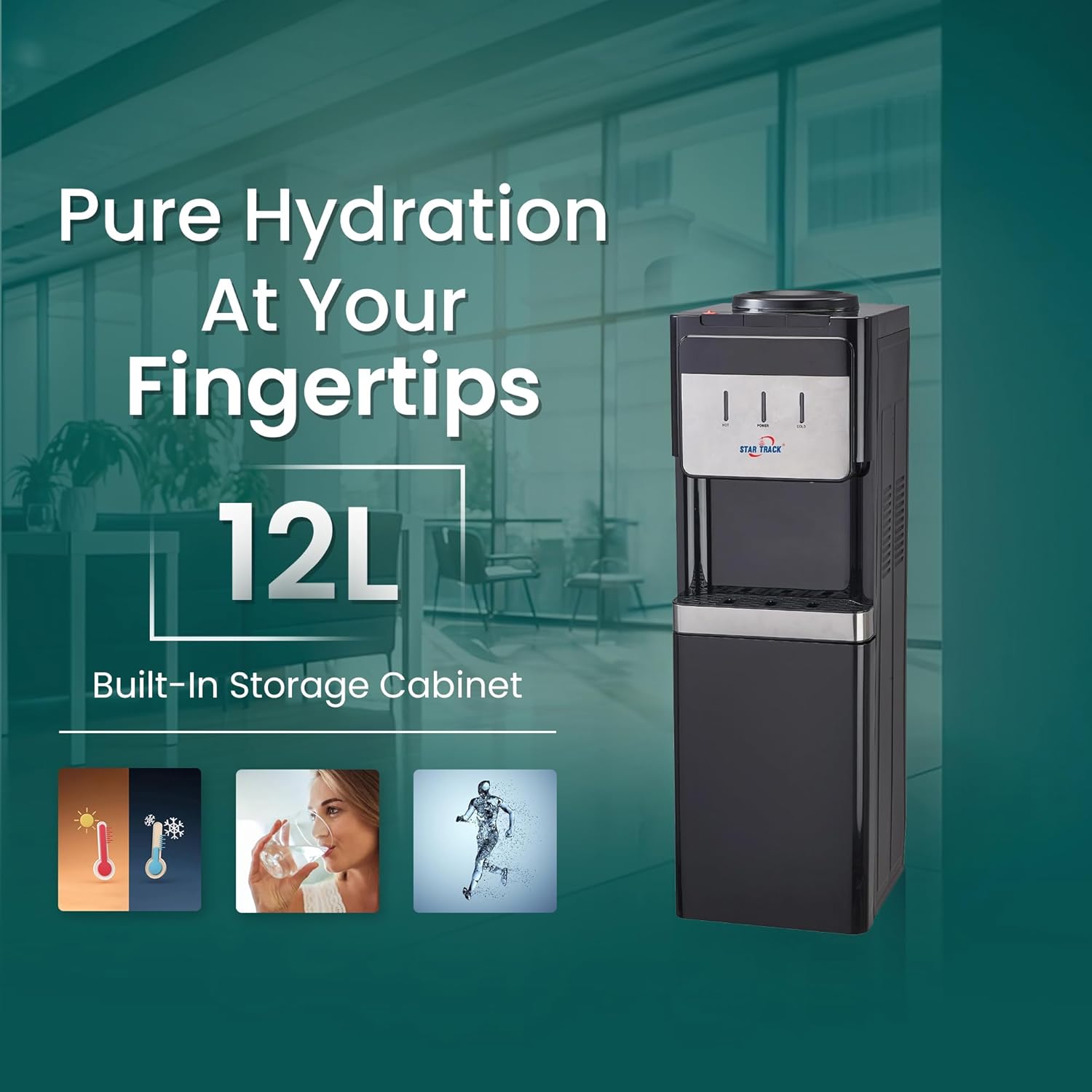 Black water cooler with text 'Pure Hydration At Your Fingertips' and '12L Built-In Storage Cabinet' on a blurred office background.