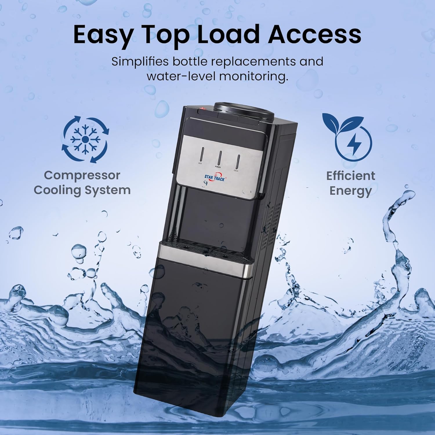 Water dispenser with features highlighted on a blue water-themed background