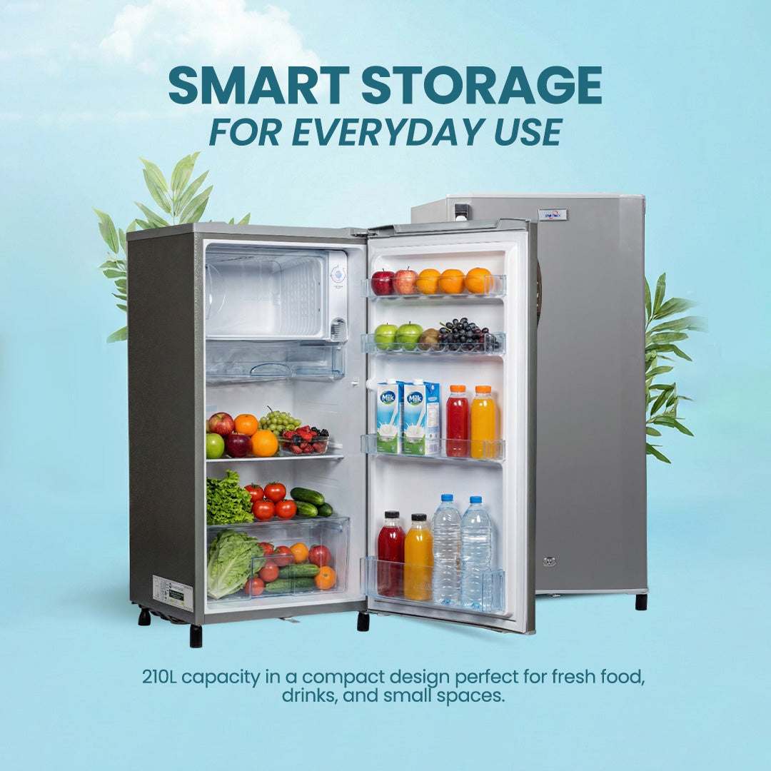 ثلاجة باب واحد سعة 210 لتر، رمادية اللون، قفل أمان للأطفال، صغيرة الحجم، موفرة للطاقة، أرفف قابلة للتعديل