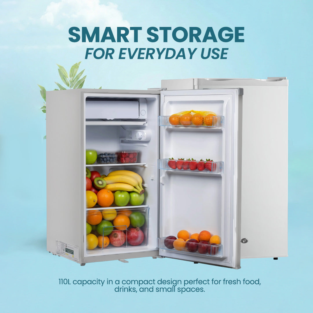 ثلاجة سعة 110 لتر، باب واحد، لون أبيض، قفل أمان للأطفال، صغيرة الحجم، موفرة للطاقة، أرفف قابلة للتعديل