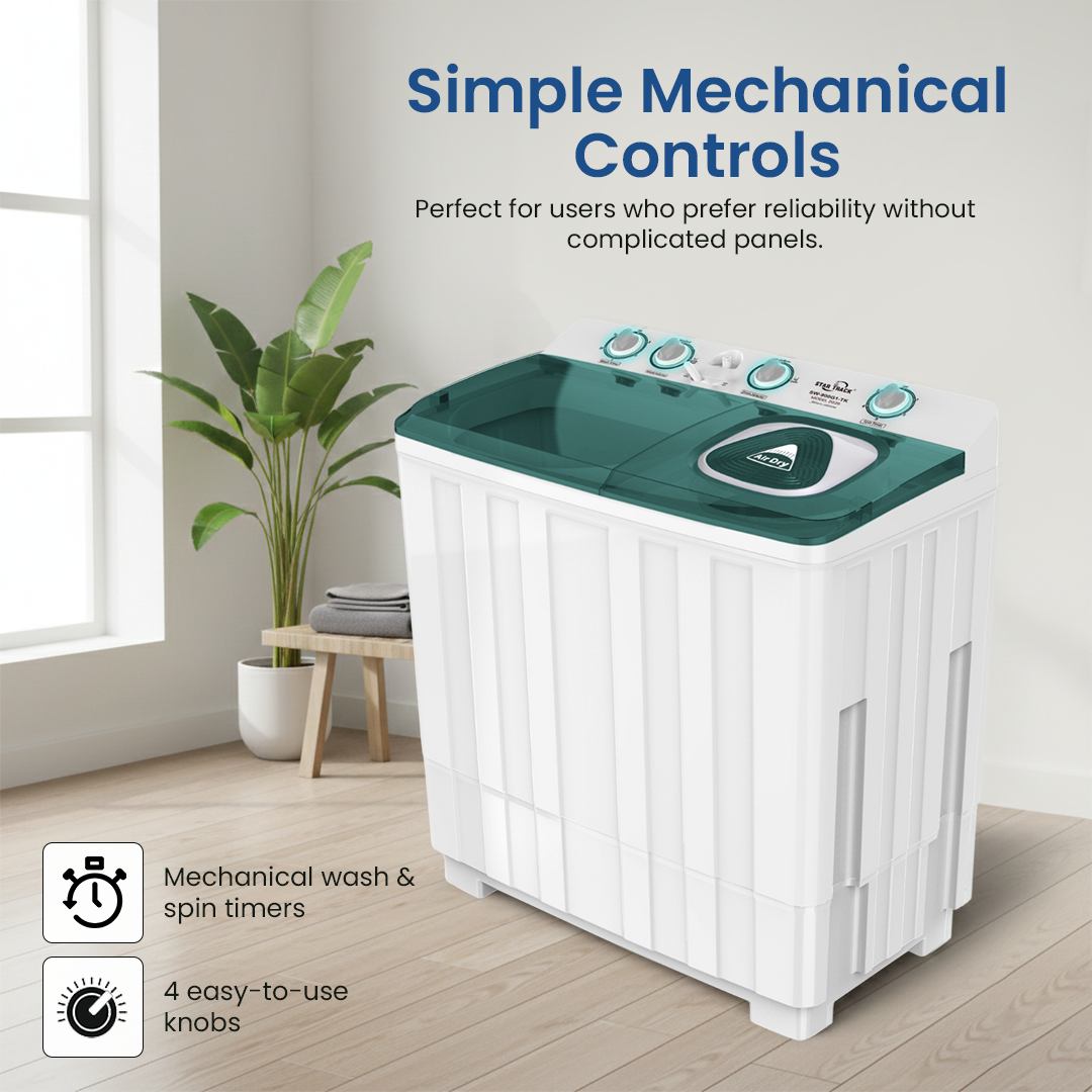 غسالة ملابس شبه أوتوماتيكية خضراء بحوضين، تحميل علوي مع فلتر للوبر، خاصية الدوران والتجفيف
