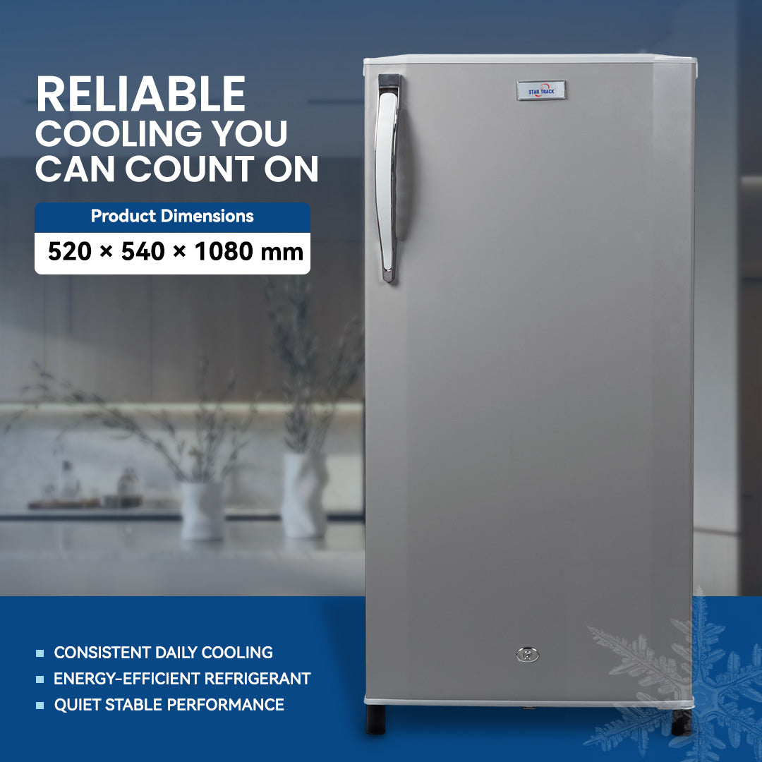 ثلاجة باب واحد سعة 210 لتر، رمادية اللون، قفل أمان للأطفال، صغيرة الحجم، موفرة للطاقة، أرفف قابلة للتعديل