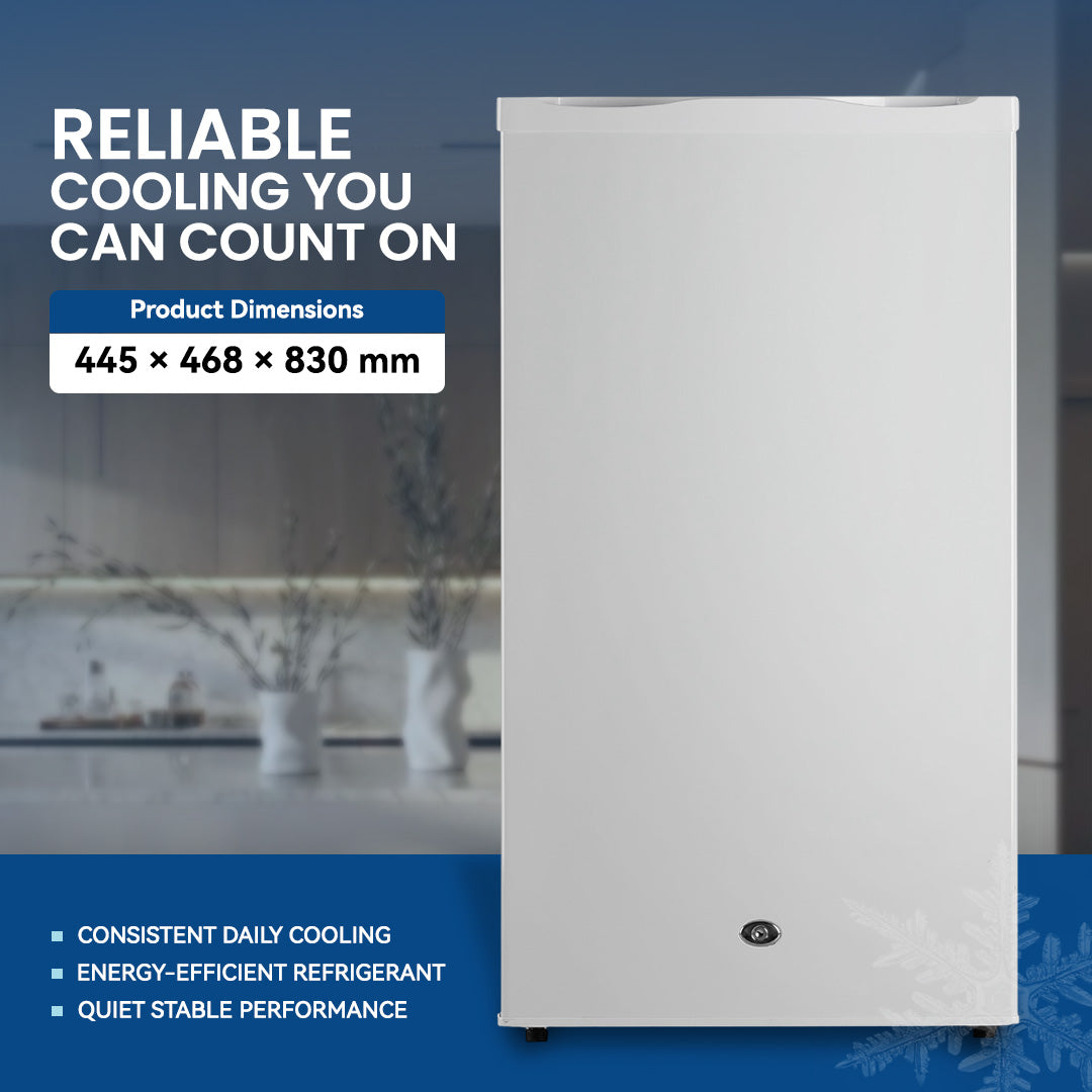 ثلاجة سعة 110 لتر، باب واحد، لون أبيض، قفل أمان للأطفال، صغيرة الحجم، موفرة للطاقة، أرفف قابلة للتعديل