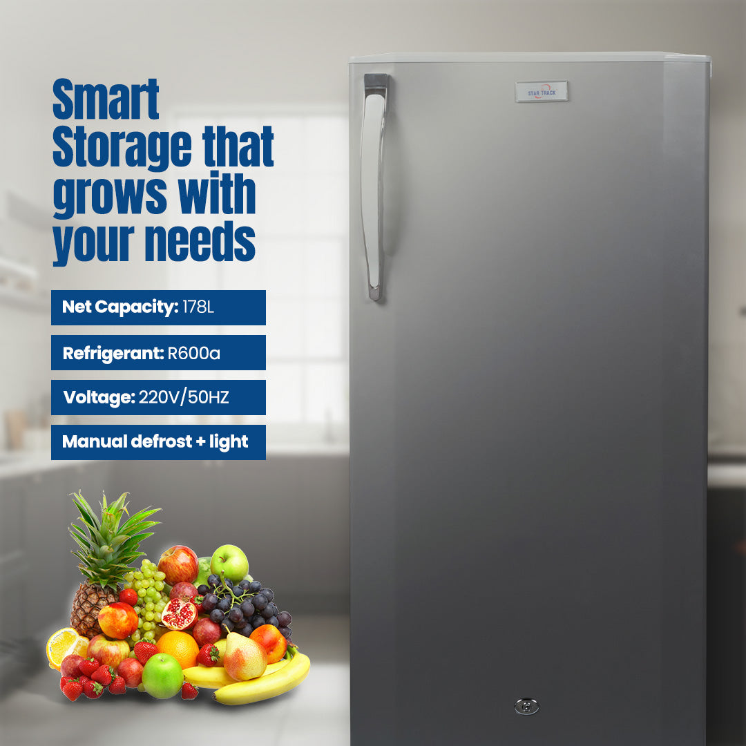 ثلاجة باب واحد سعة 250 لترًا، لون رمادي، قفل أمان للأطفال، صغيرة الحجم، موفرة للطاقة، أرفف قابلة للتعديل