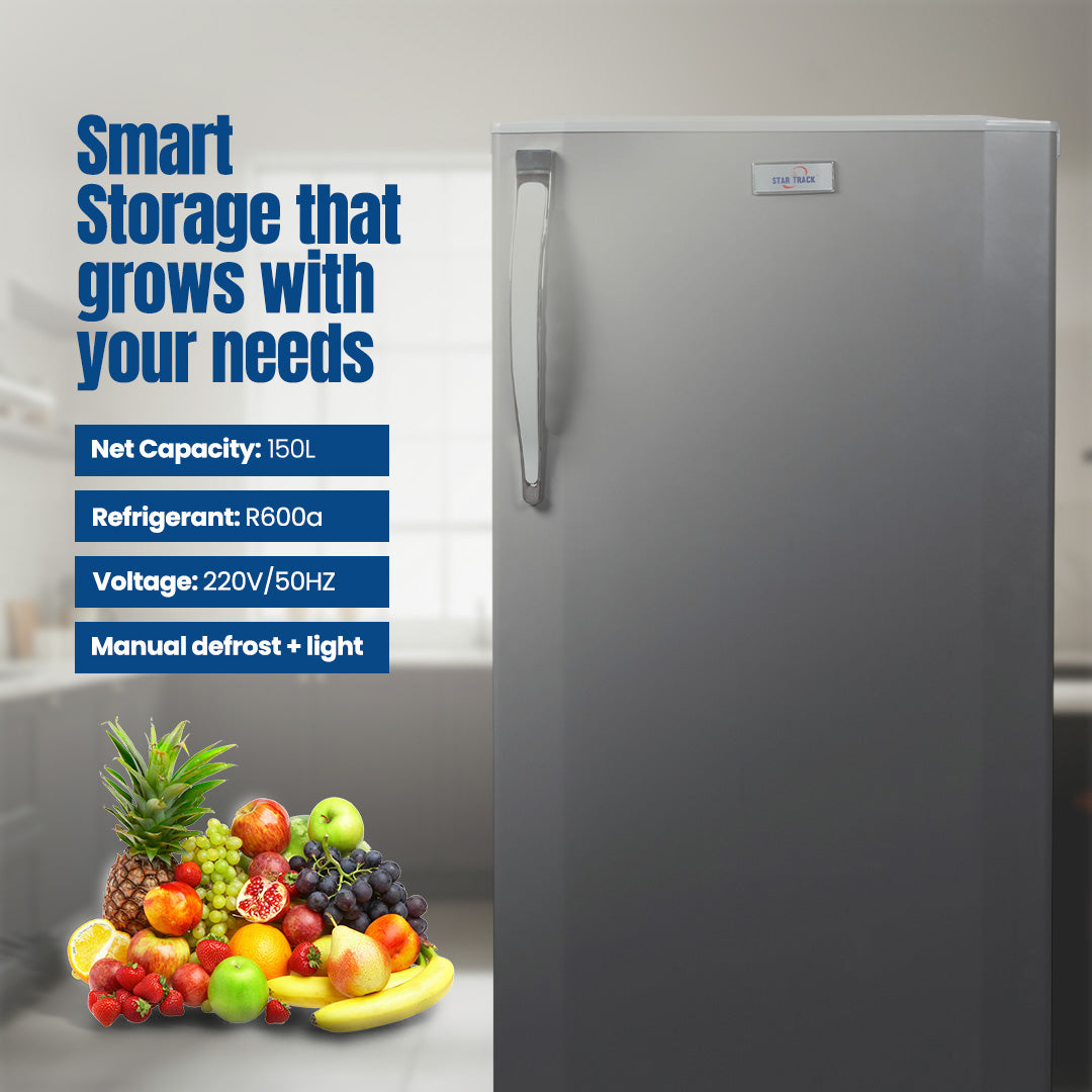 ثلاجة باب واحد سعة 210 لتر، رمادية اللون، قفل أمان للأطفال، صغيرة الحجم، موفرة للطاقة، أرفف قابلة للتعديل