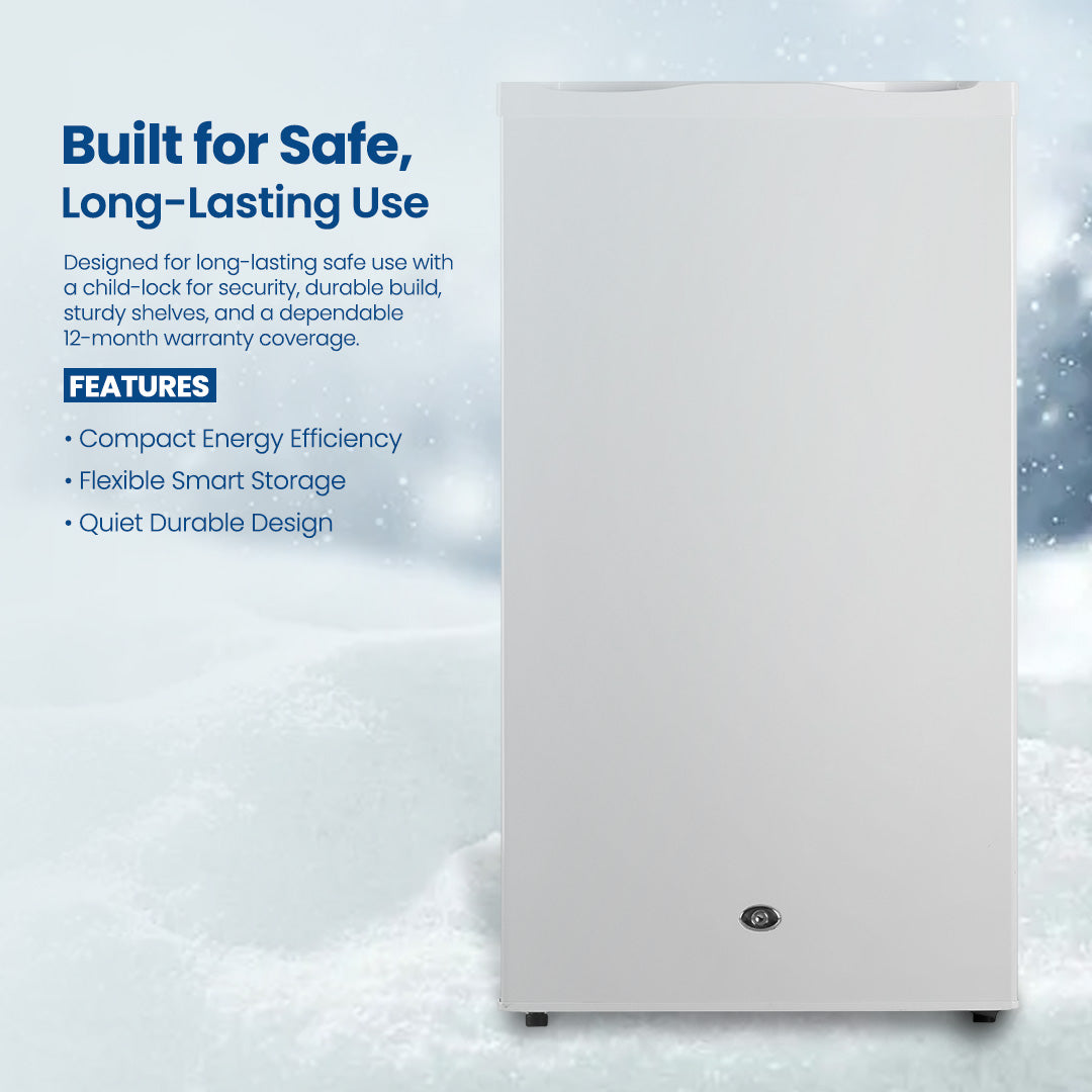 ثلاجة سعة 110 لتر، باب واحد، لون أبيض، قفل أمان للأطفال، صغيرة الحجم، موفرة للطاقة، أرفف قابلة للتعديل