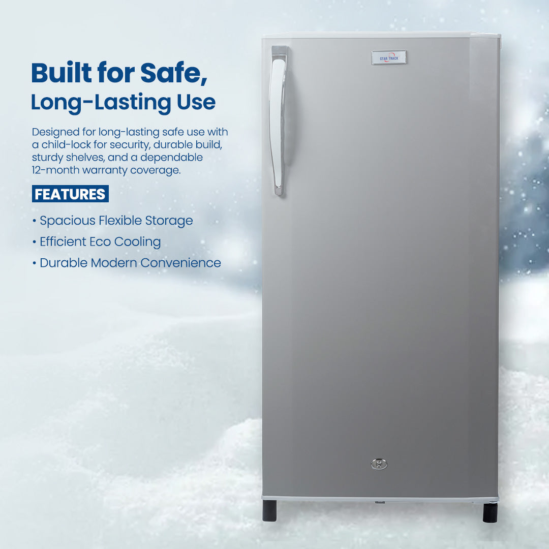 ثلاجة باب واحد سعة 250 لترًا، لون رمادي، قفل أمان للأطفال، صغيرة الحجم، موفرة للطاقة، أرفف قابلة للتعديل