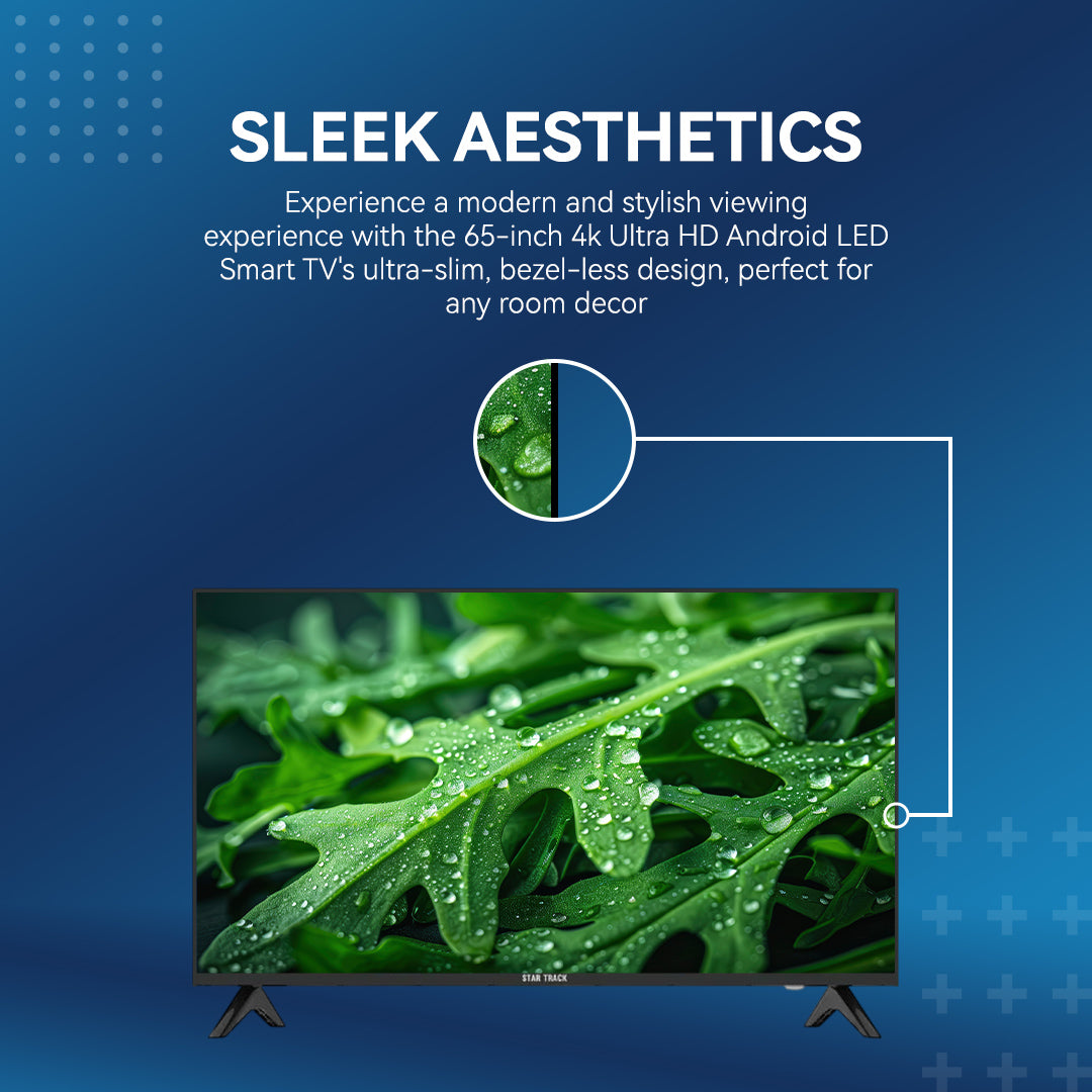 تلفزيون ذكي 4K مقاس 65 بوصة | أندرويد 14، فائق الوضوح، نتفليكس، يوتيوب، ميراكاست، بدون إطار، جهاز استقبال قنوات فضائية