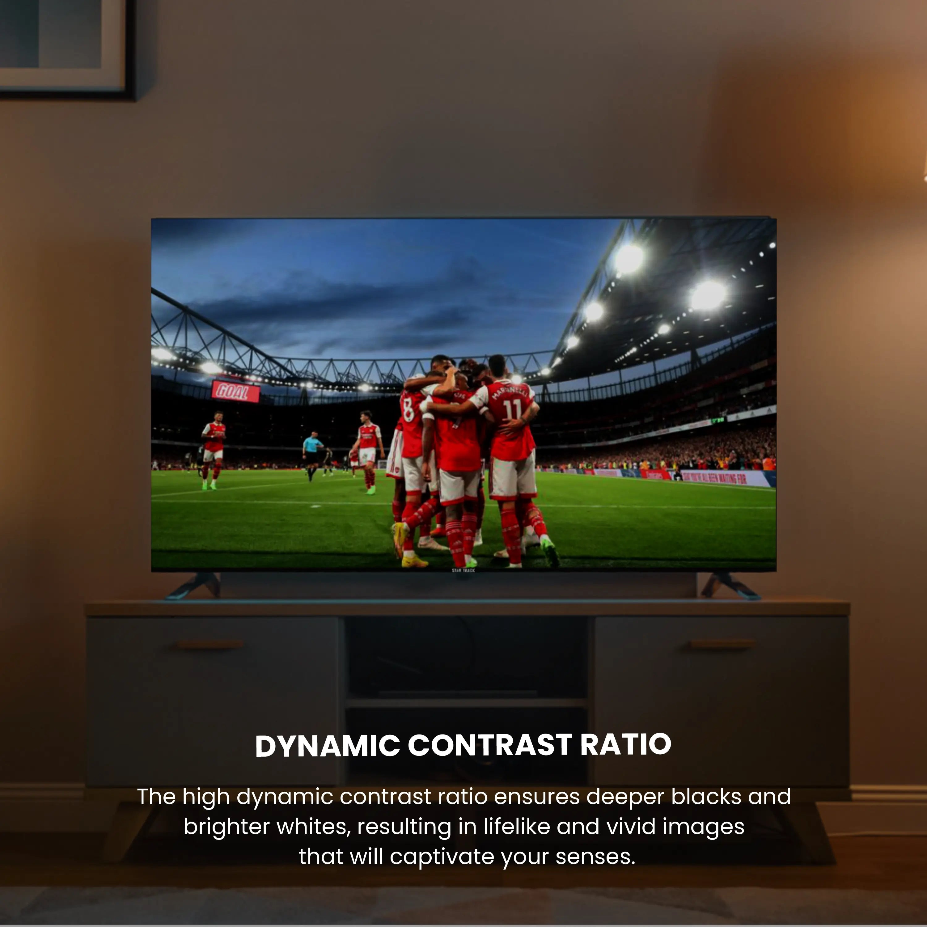 Star Track 4K Smart TV displaying webOS Hub interface with app icons for streaming services, featuring bezel-less design and sleek black frame. Home screen shows Live TV, Alexa, Netflix, and other popular streaming apps arranged in a clean, modern layout against a dark background. Dynamic contrast ratio