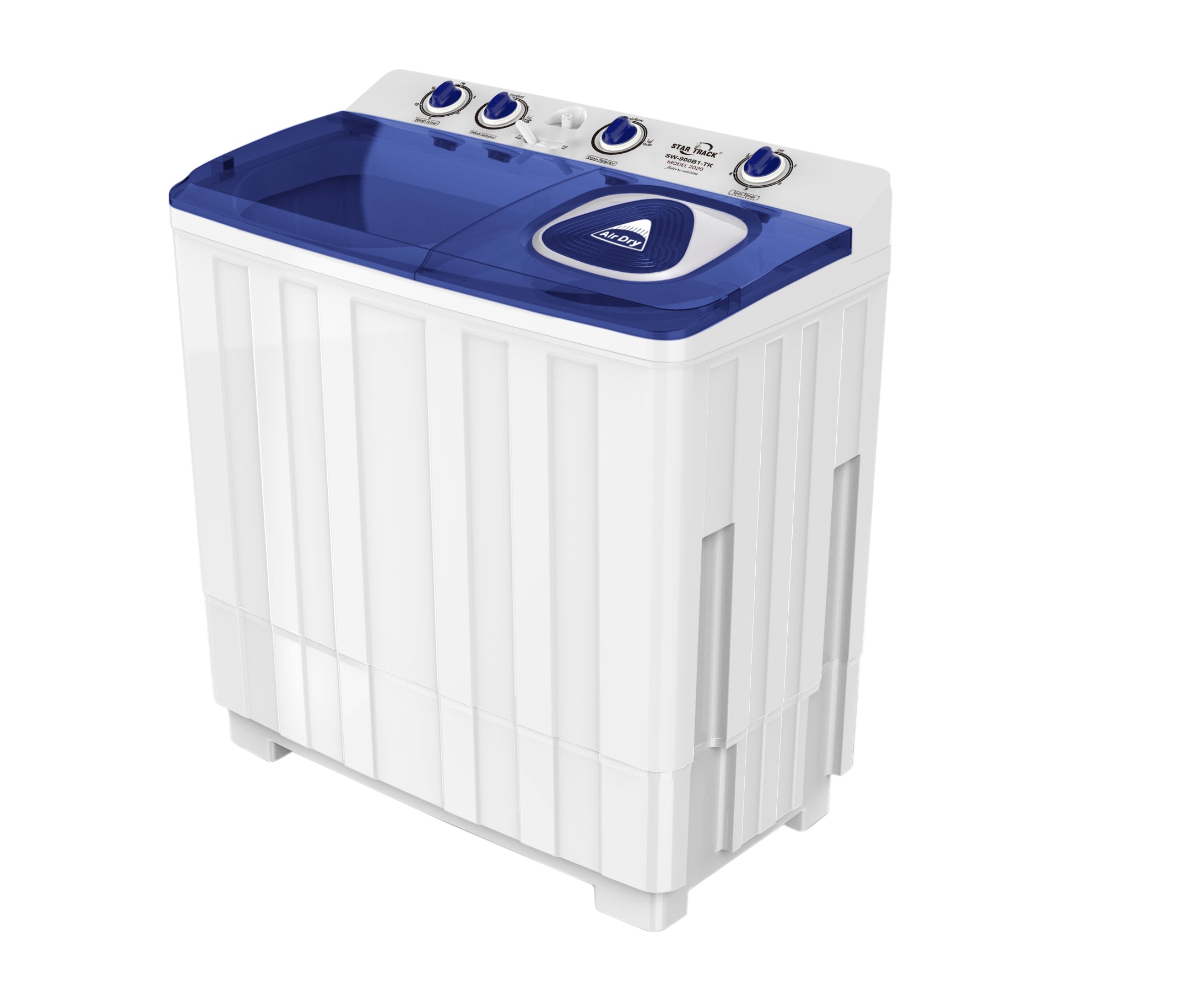 غسالة ملابس نصف أوتوماتيكية زرقاء بحوضين، تحميل علوي مع فلتر للوبر، خاصية الدوران والتجفيف