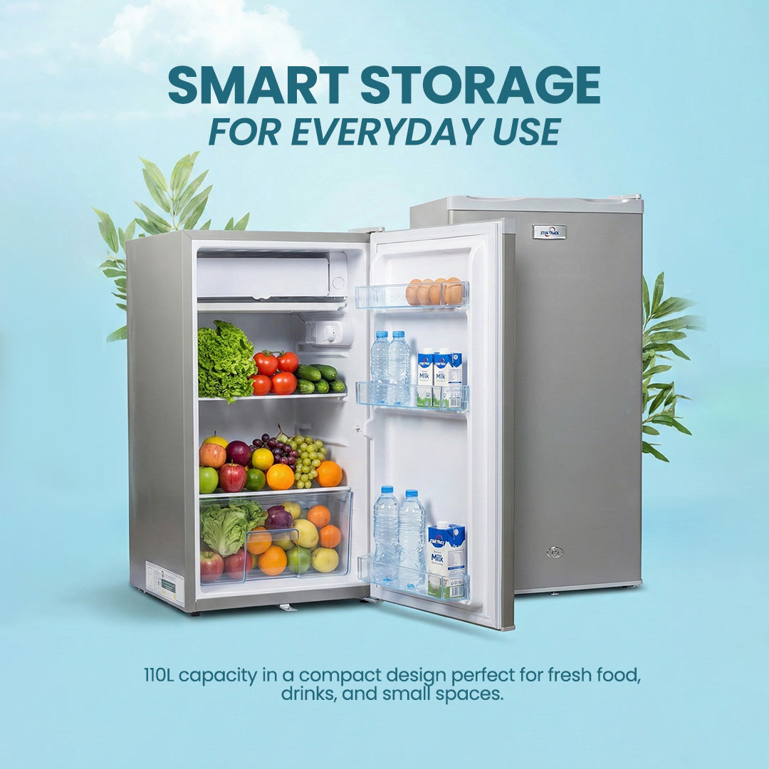 ثلاجة سعة 110 لتر، باب واحد، رمادية اللون، قفل أمان للأطفال، صغيرة الحجم، موفرة للطاقة، أرفف قابلة للتعديل