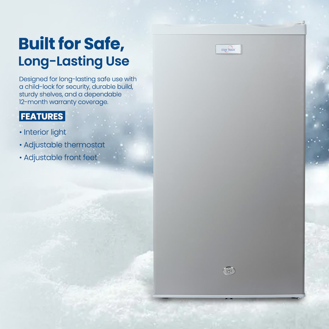 ثلاجة سعة 110 لتر، باب واحد، رمادية اللون، قفل أمان للأطفال، صغيرة الحجم، موفرة للطاقة، أرفف قابلة للتعديل