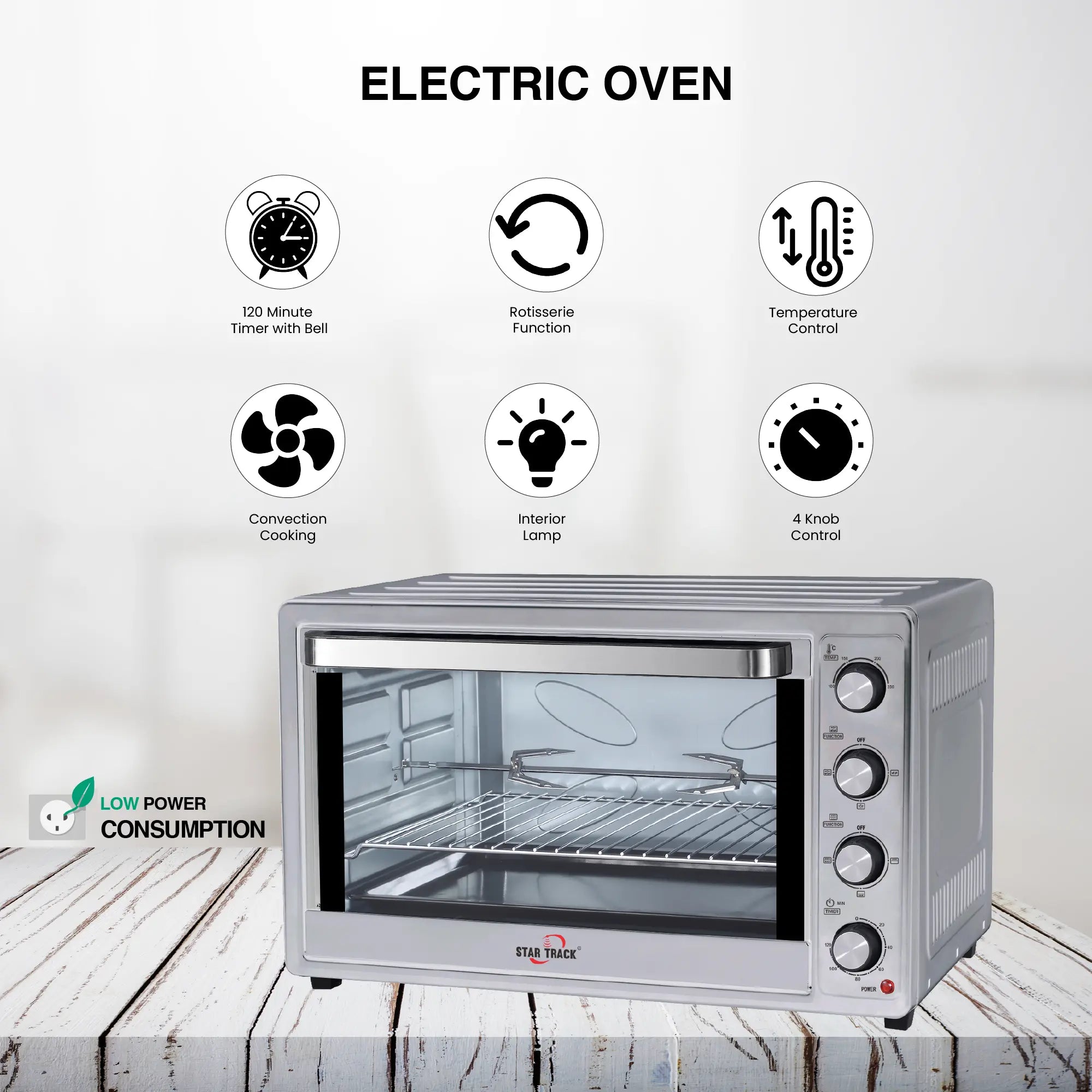 STAR TRACK 100L Electric Oven with Self-Clean, Rotisserie, Convection, 120-Min Timer, 2200W, 8 Stainless Steel Heating Elements