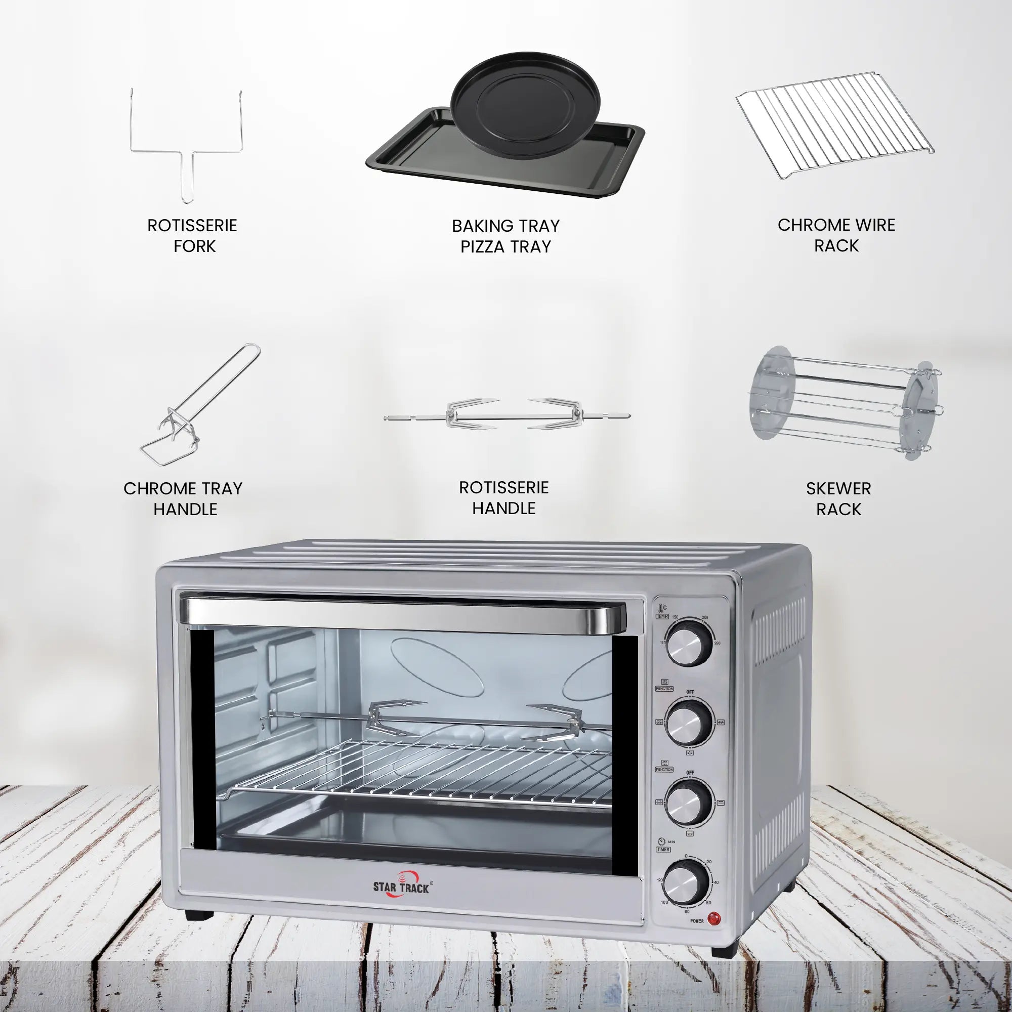 STAR TRACK 100L Electric Oven with Self-Clean, Rotisserie, Convection, 120-Min Timer, 2200W, 8 Stainless Steel Heating Elements