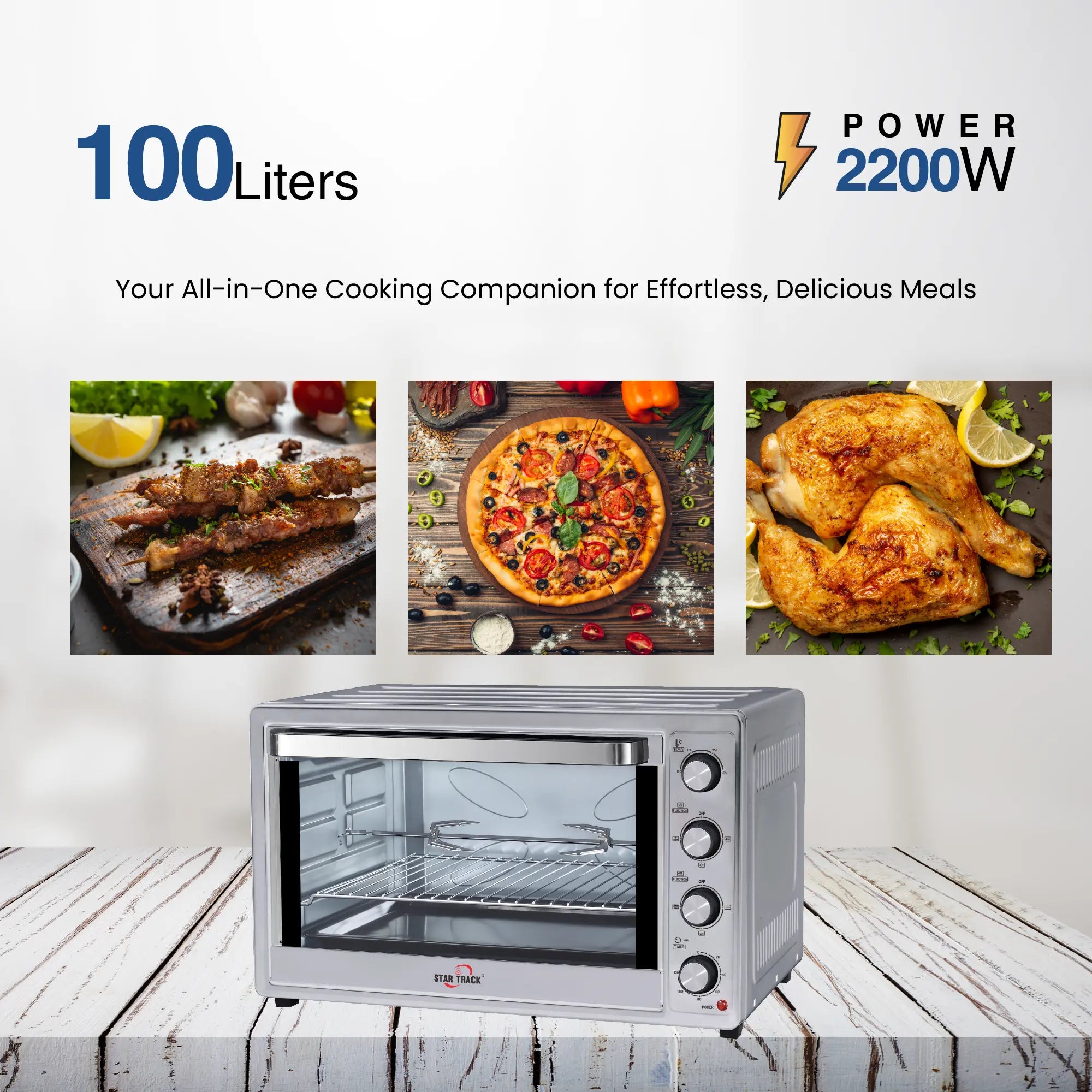 100L Electric Oven with Self-Clean, Rotisserie, Convection, 120-Min Timer, 2200W, 8 Stainless Steel Heating Elements