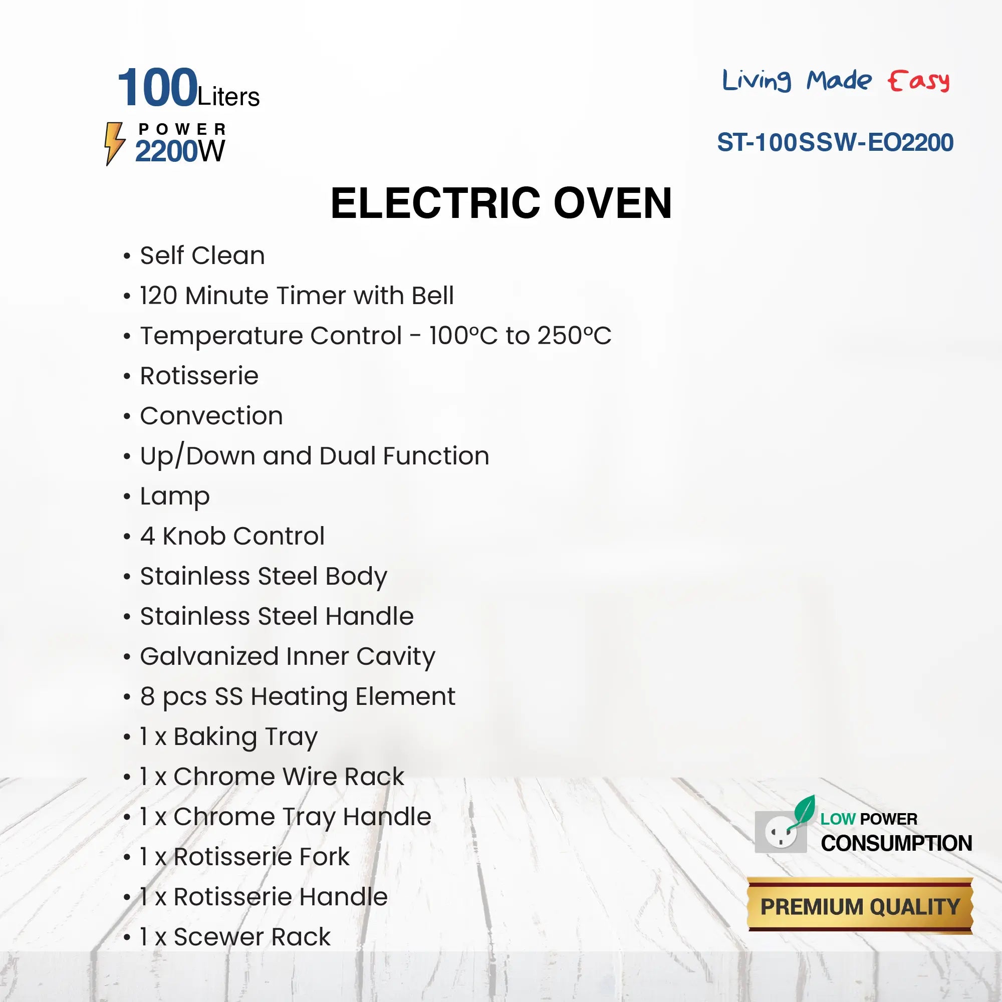 100L Electric Oven with Self-Clean, Rotisserie, Convection, 120-Min Timer, 2200W, 8 Stainless Steel Heating Elements