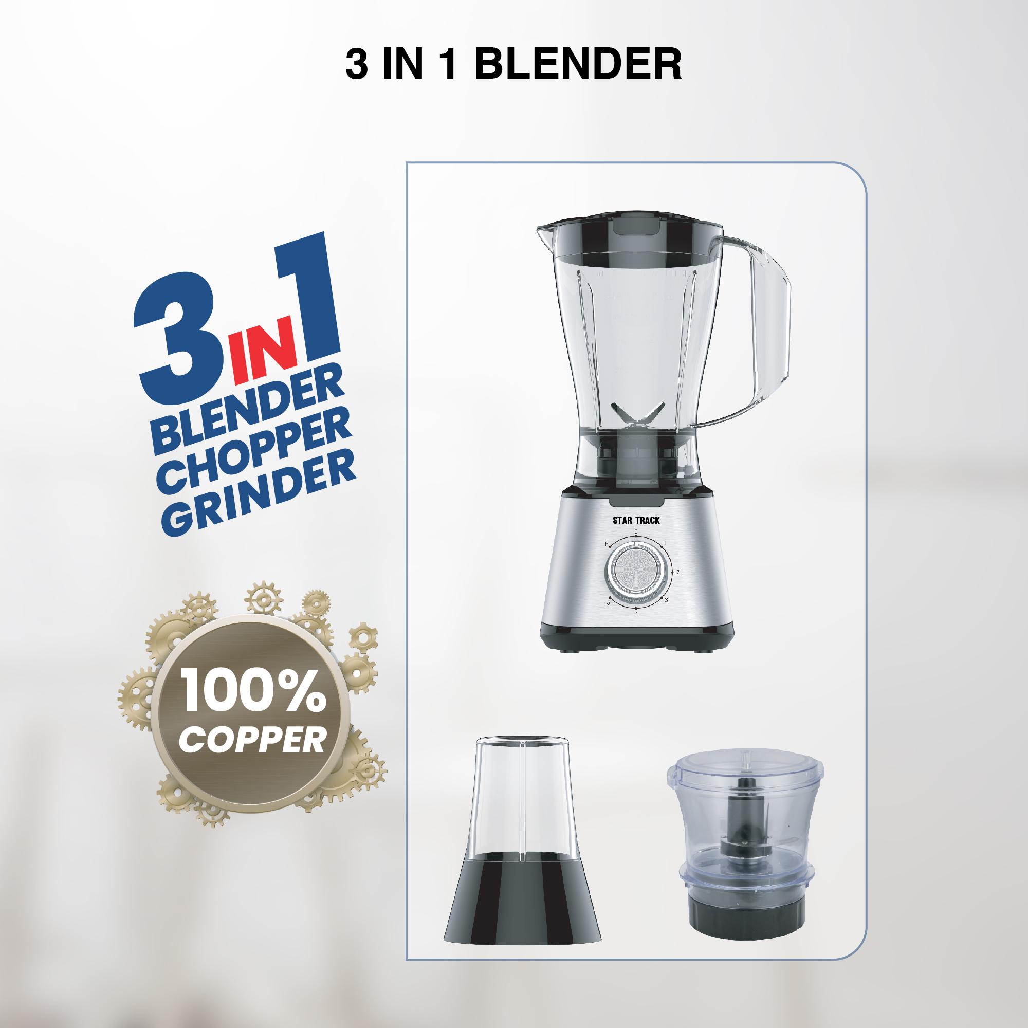 STAR TRACK 3in1 Blender, Chopper & Grinder, 600W, 1.5L Glass Jug, 5Speed with Pulse, Anti-Slip, Low Power Consumption, Premium, Grey