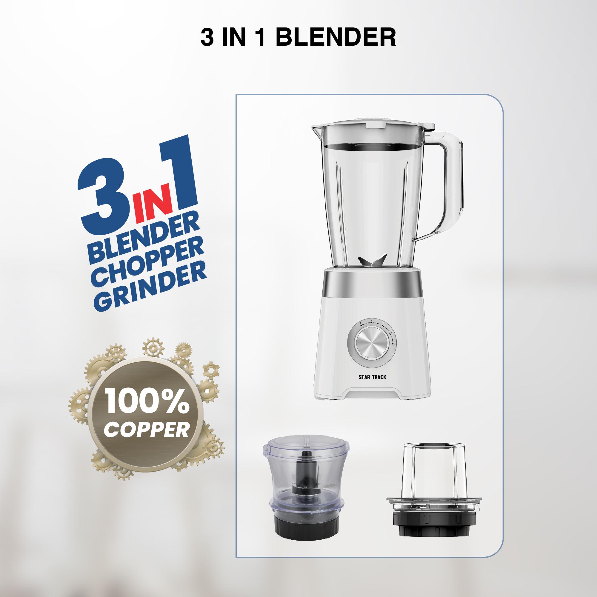 STAR TRACK 3-in-1 Blender, White, Chopper & Grinder, 500W, 1.5L Plastic Jug, 2-Speed with Pulse, Anti-Slip, Low Power, Premium