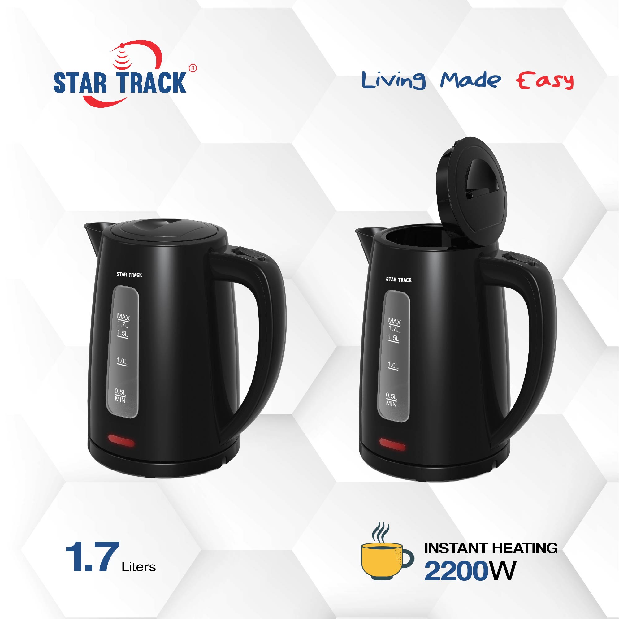 STAR TRACK 1.7L Electric Kettle, 2200W, Instant Heating, Manual Lid, Boil-Dry Protection, and Light Indicator