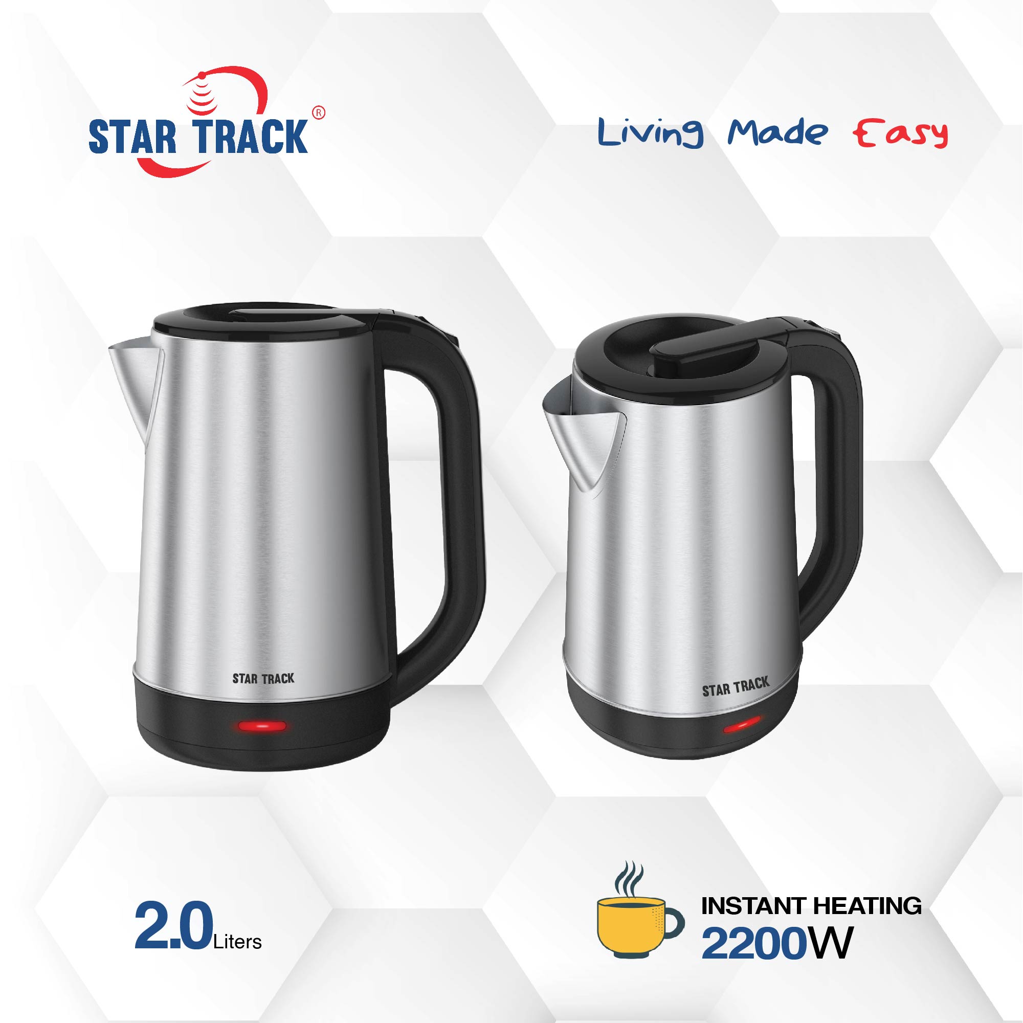 STAR TRACK 2.0L Electric Kettle, 2200W, Instant Heating, Manual Lid, Auto Shut Off, Boil Dry Protection